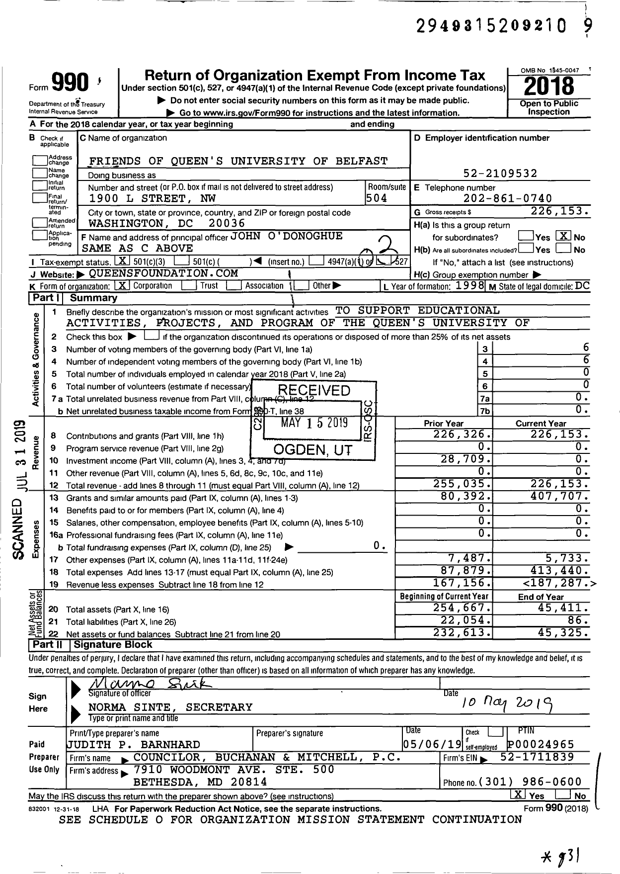 Image of first page of 2018 Form 990 for Friends of Queen's University of Belfast