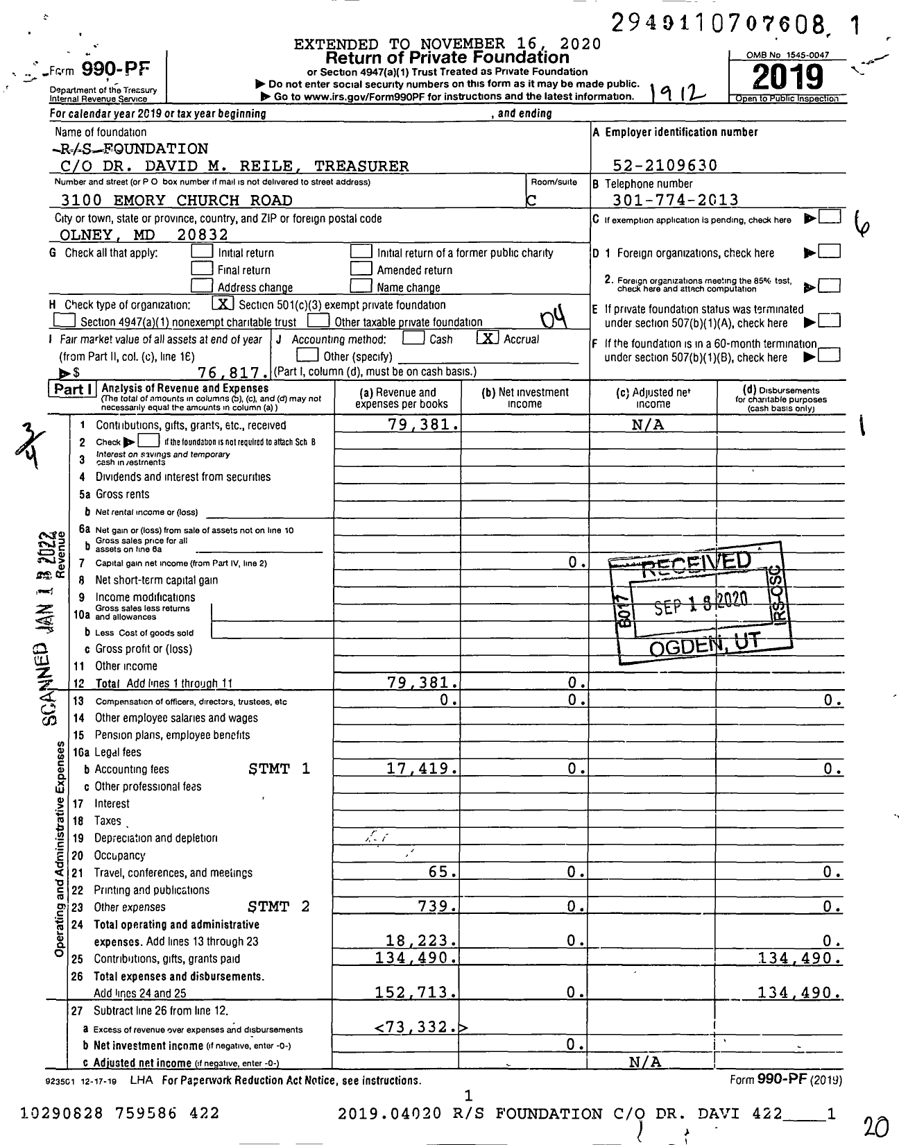 Image of first page of 2019 Form 990PF for RS Foundation