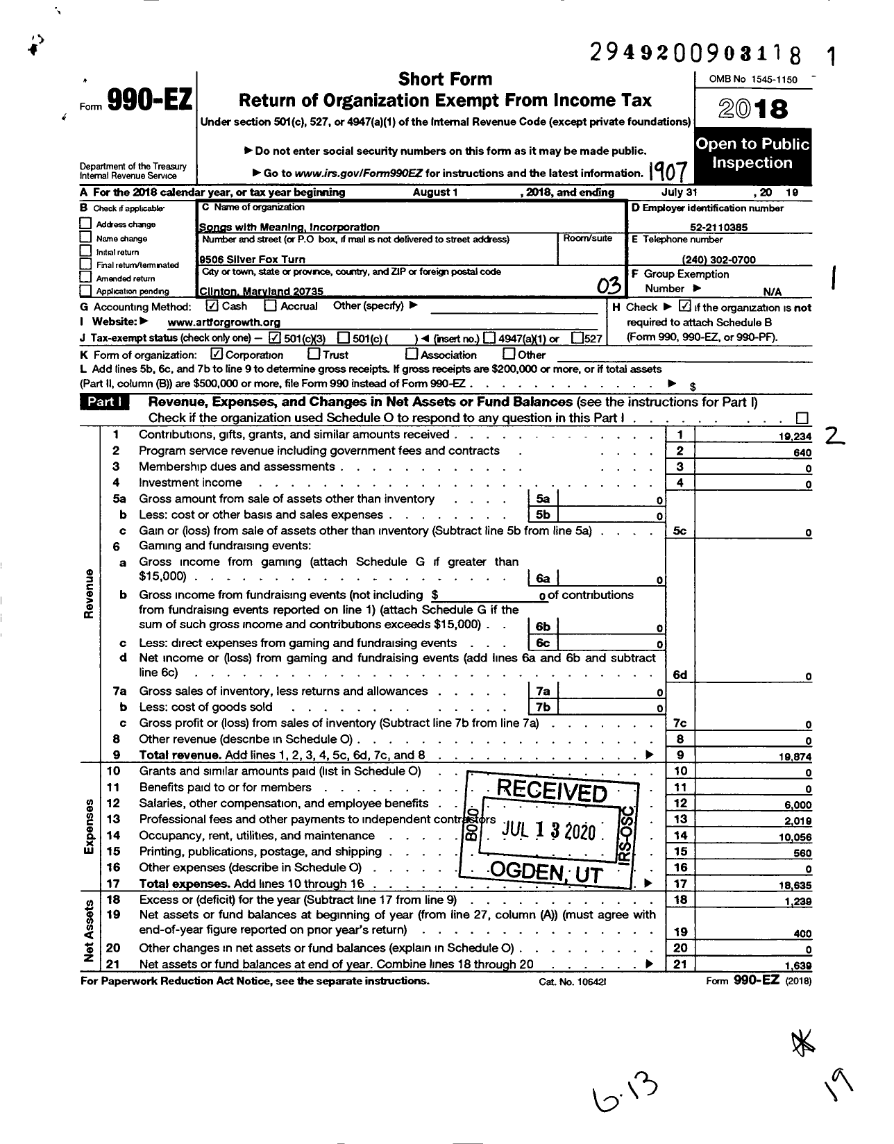 Image of first page of 2018 Form 990EZ for SONGS WITH MEANING Incorporated Community Flicks