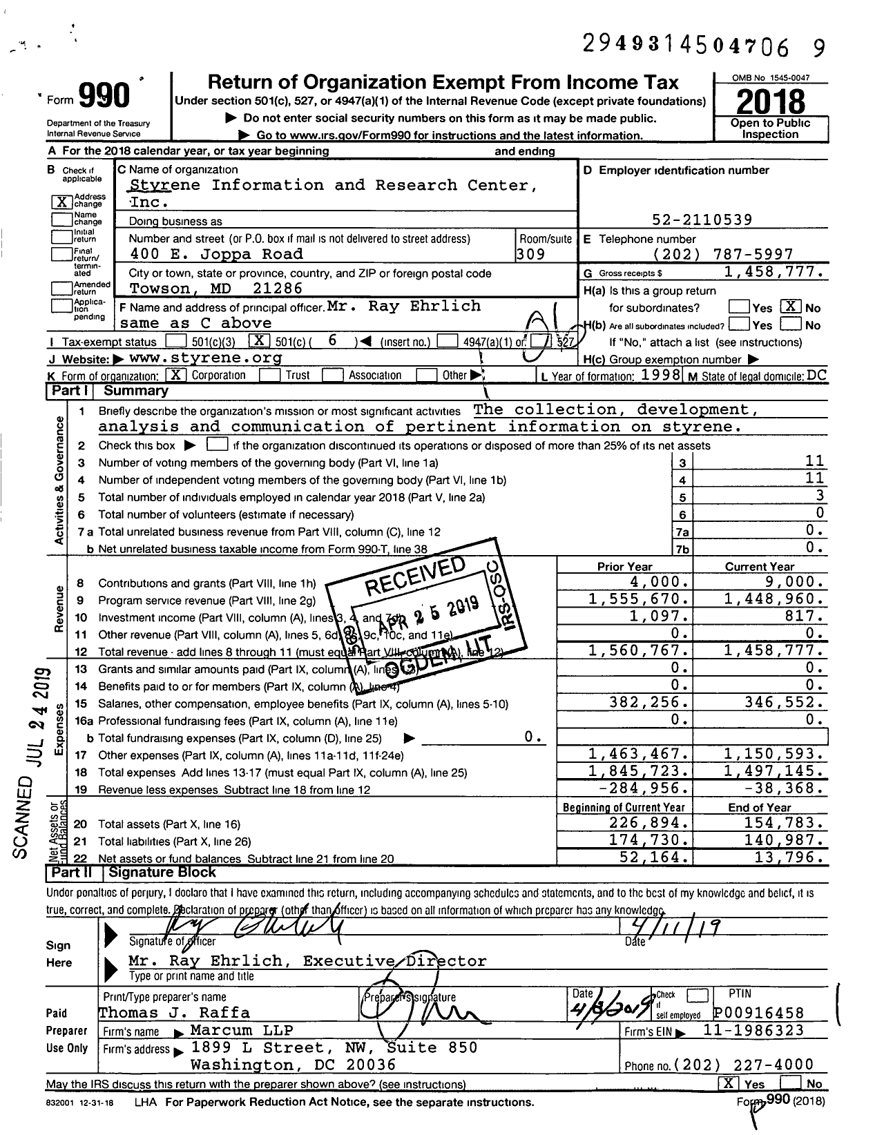 Image of first page of 2018 Form 990O for Styrene Information and Research Center (SIRC)