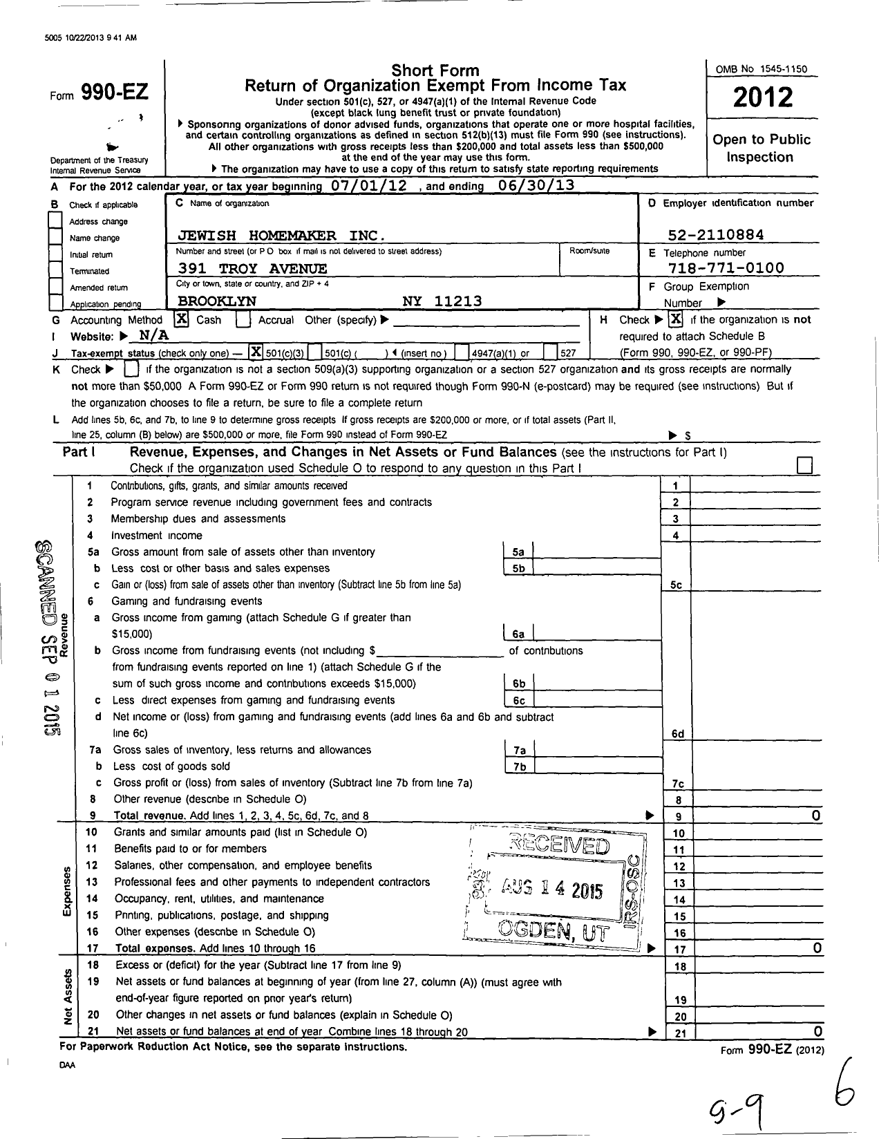 Image of first page of 2012 Form 990EZ for Jewish Homemaker