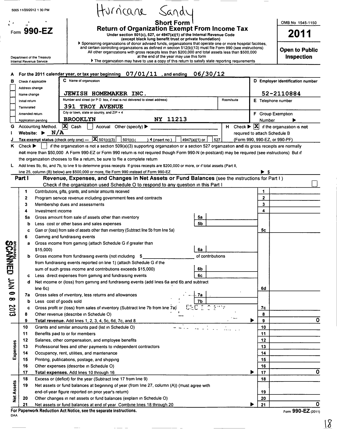 Image of first page of 2011 Form 990EZ for Jewish Homemaker