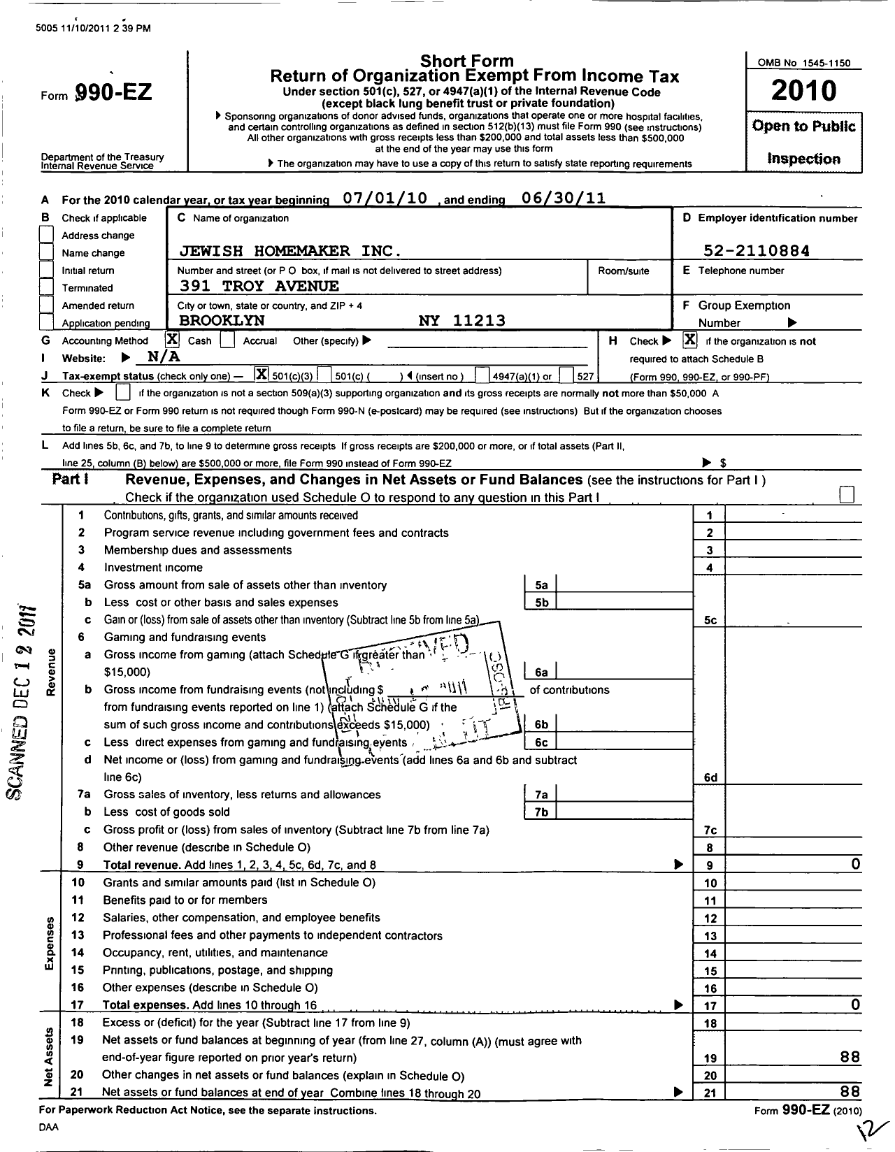 Image of first page of 2010 Form 990EZ for Jewish Homemaker