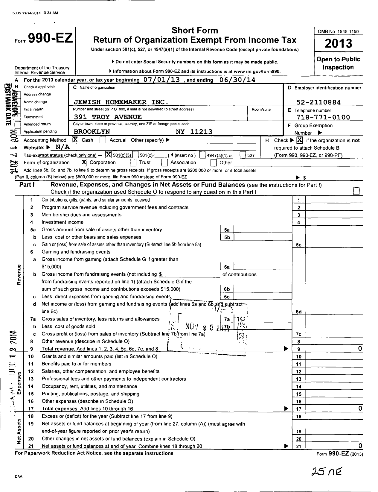 Image of first page of 2013 Form 990EZ for Jewish Homemaker