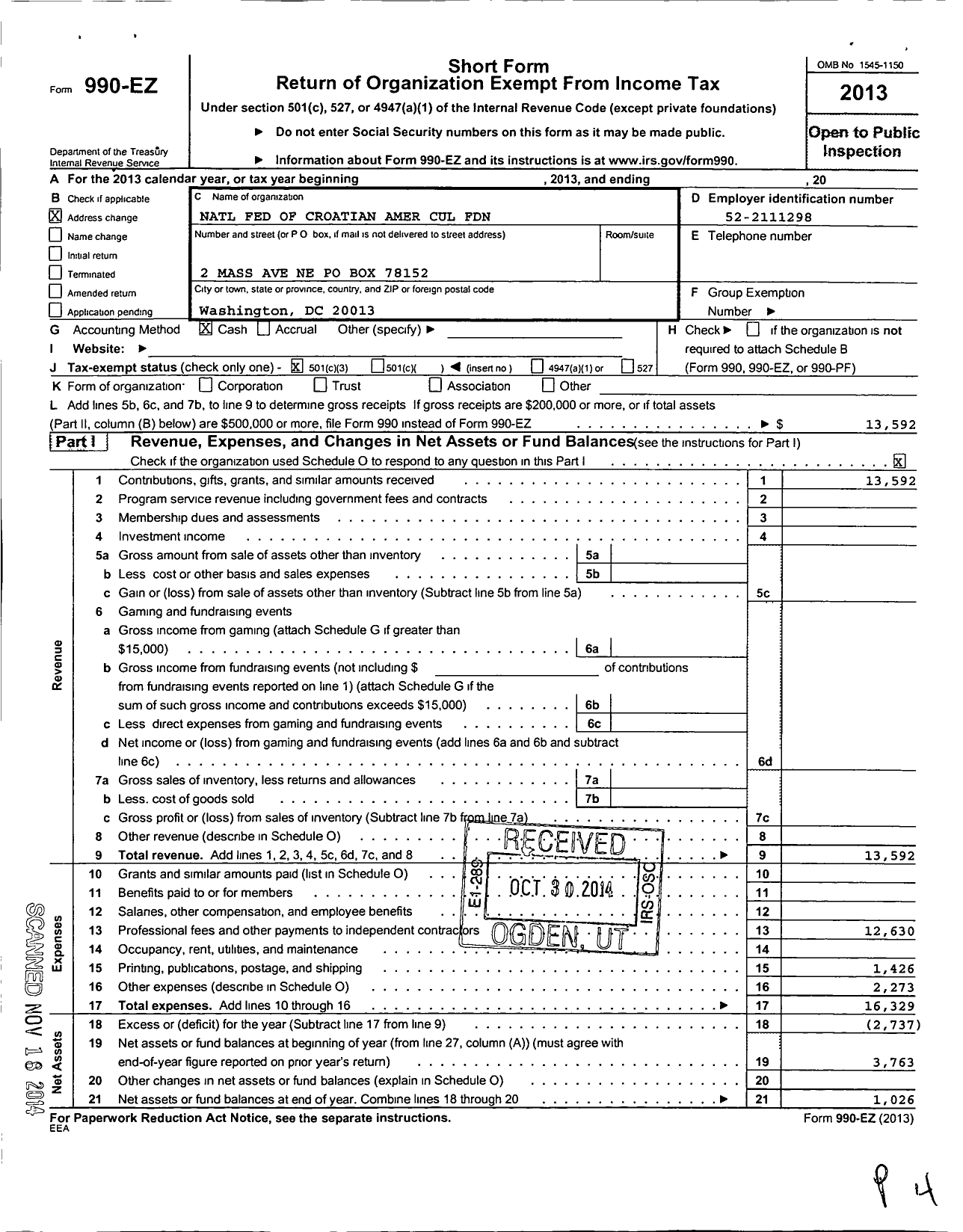 Image of first page of 2013 Form 990EZ for National Federation of Croatian American Cultural Foundation