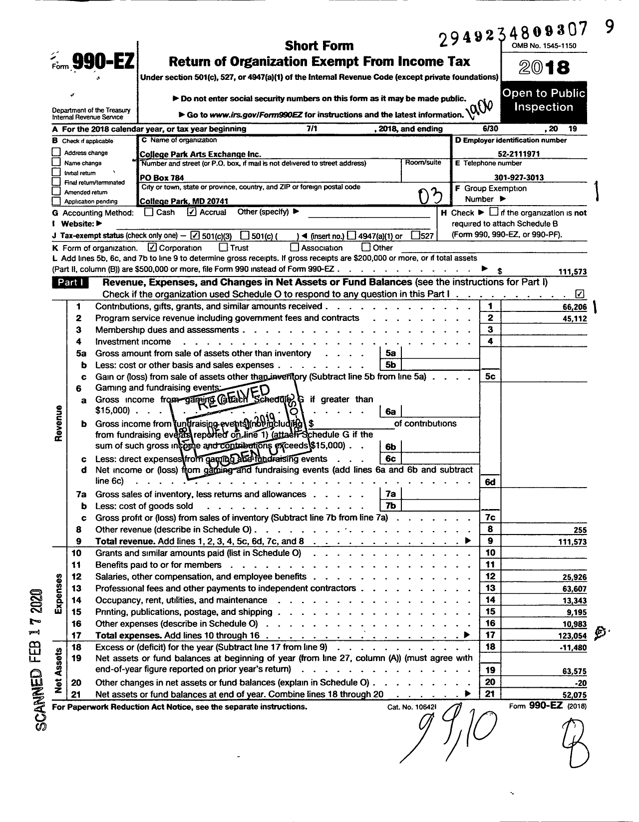 Image of first page of 2018 Form 990EZ for College Park Arts Exchange