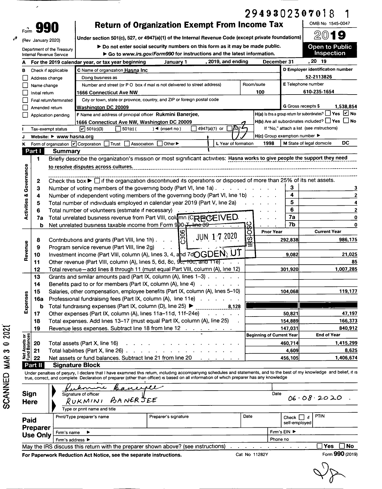 Image of first page of 2019 Form 990 for HasNa