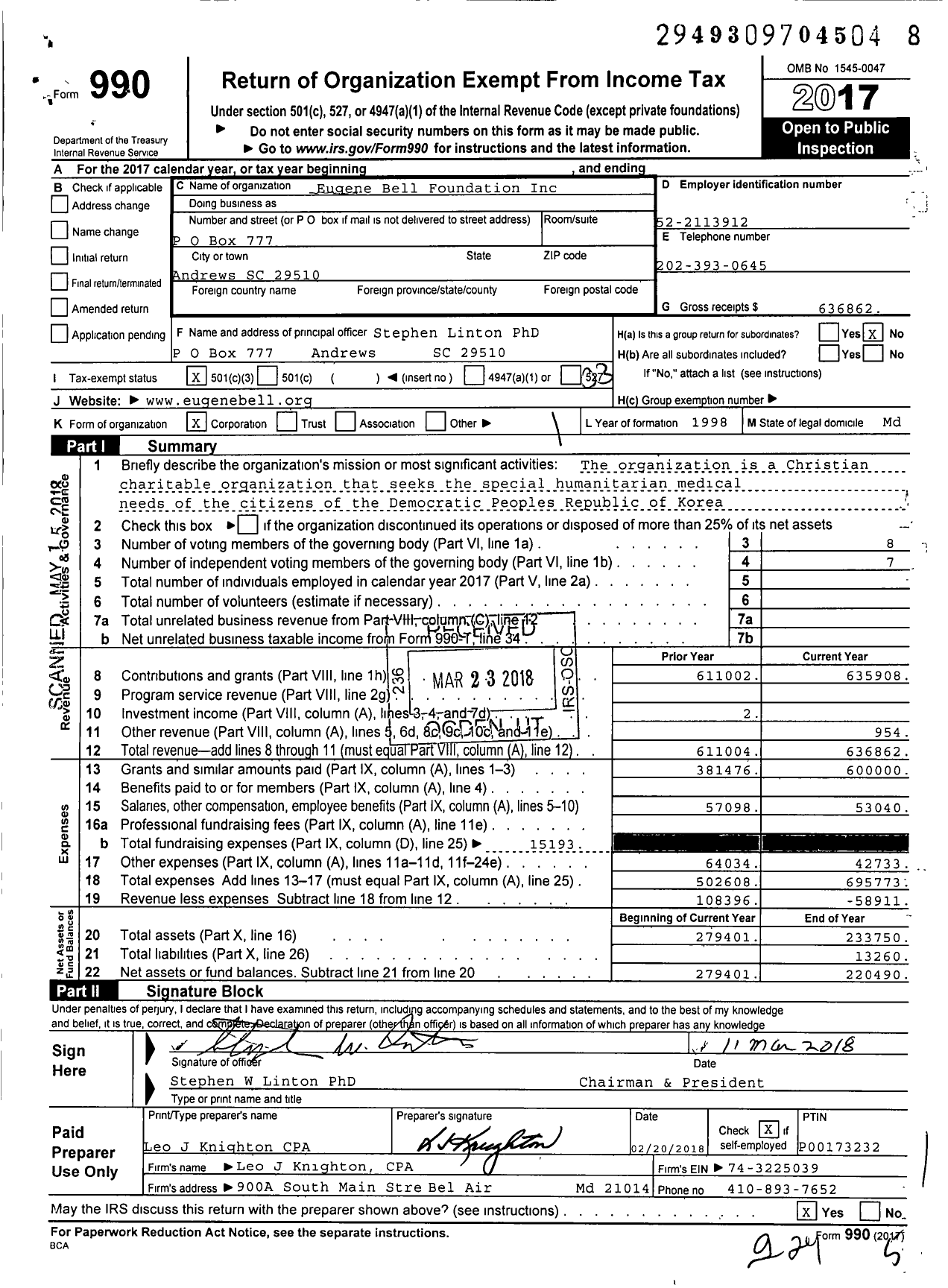 Image of first page of 2017 Form 990 for Eugene Bell Foundation