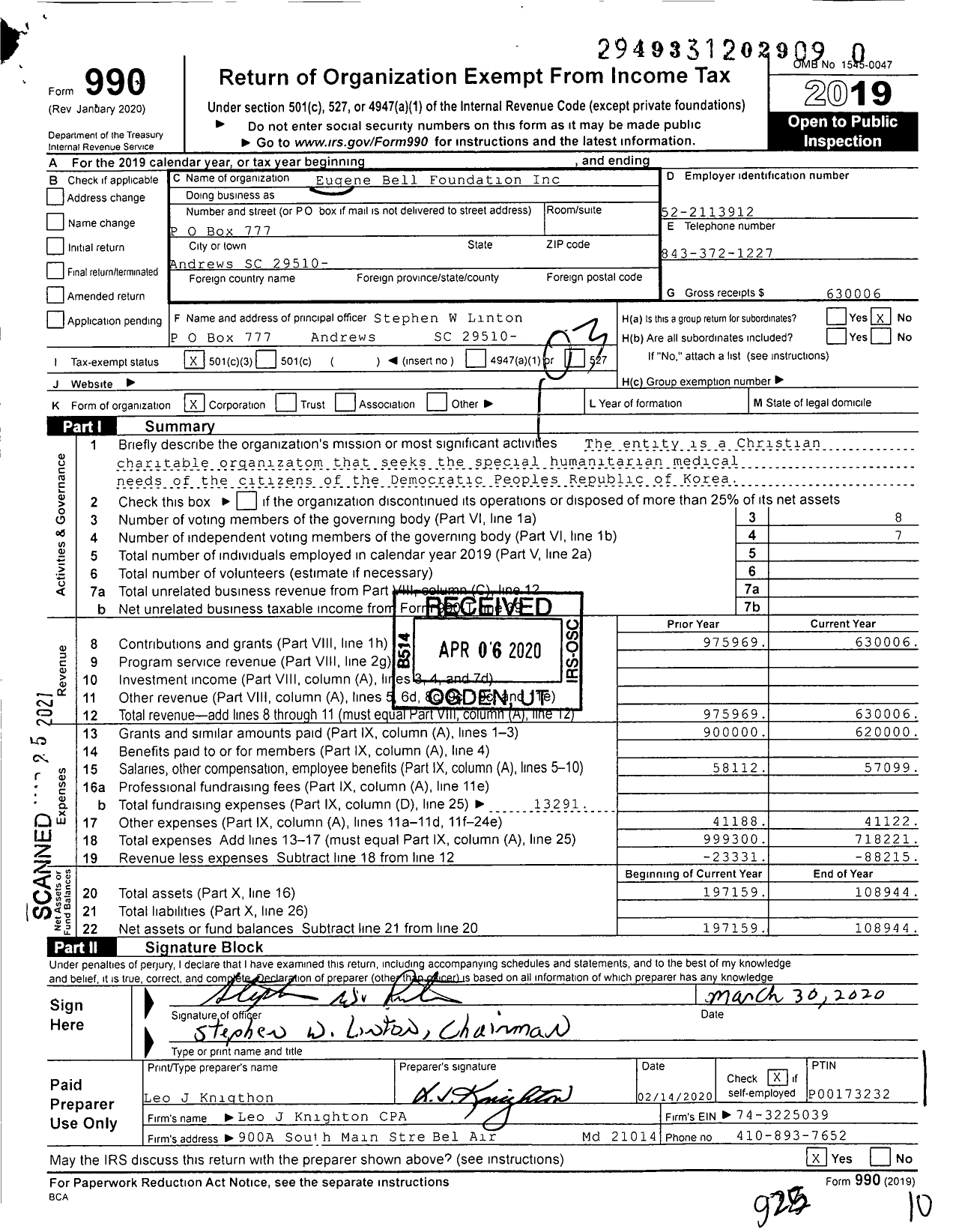 Image of first page of 2019 Form 990 for Eugene Bell Foundation