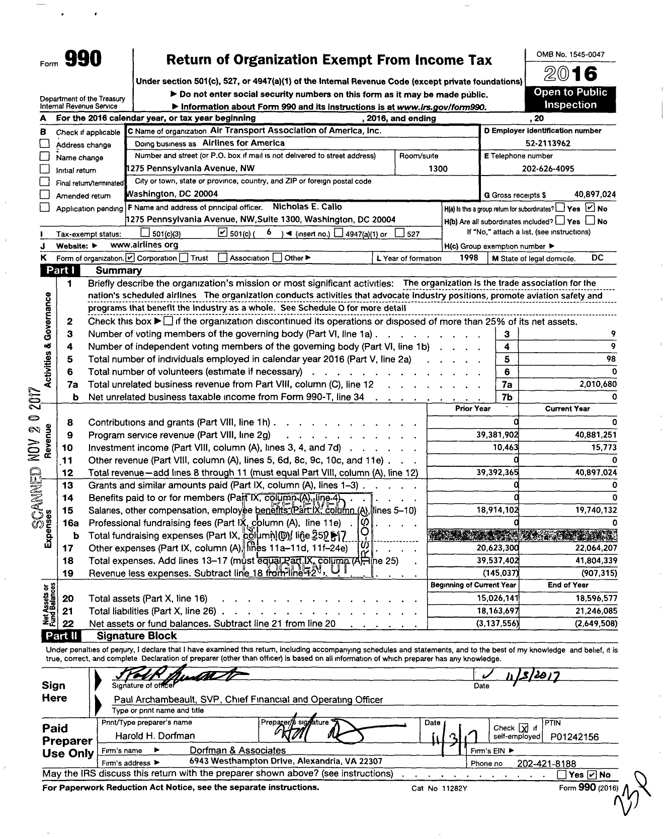Image of first page of 2016 Form 990O for Airlines for America (A4A)