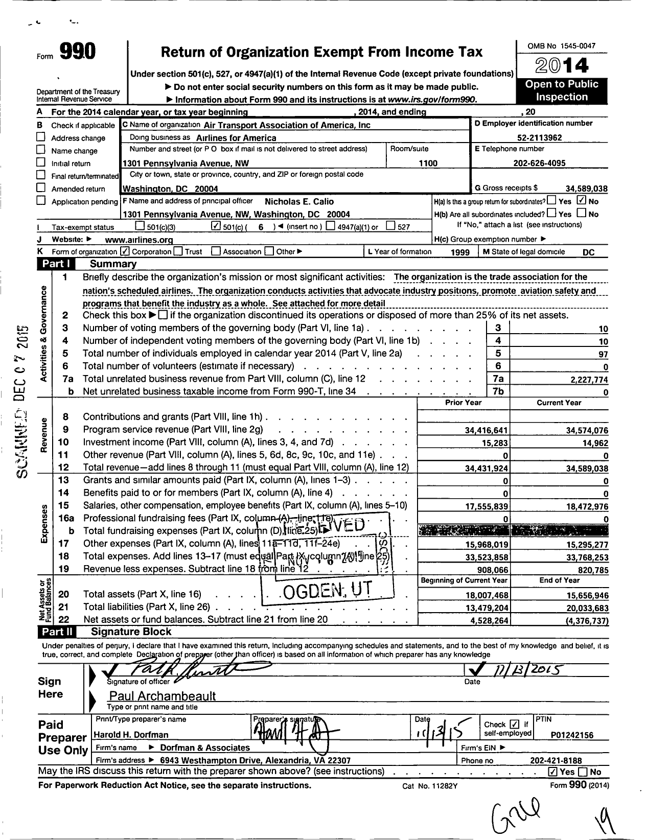 Image of first page of 2014 Form 990O for Airlines for America (A4A)