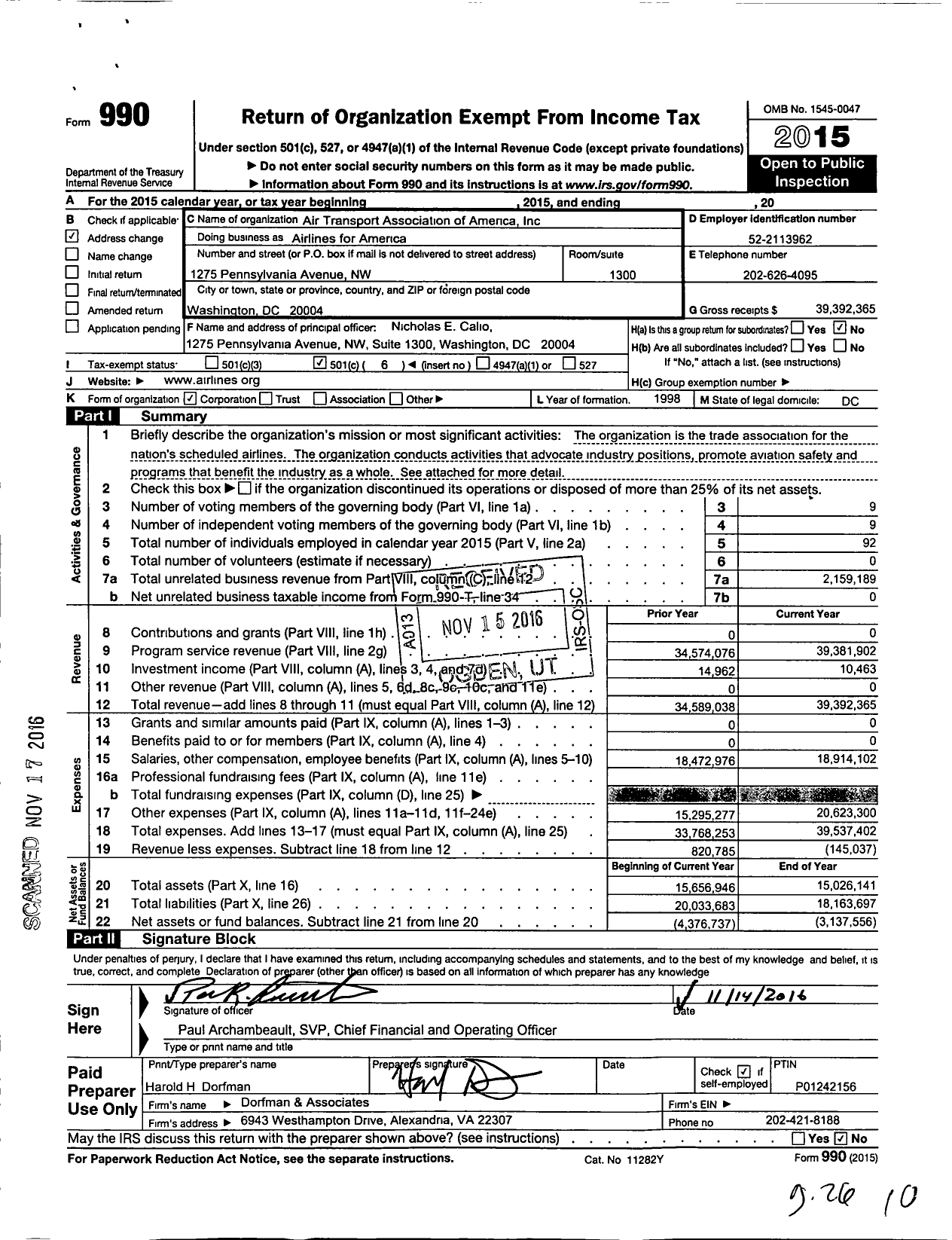 Image of first page of 2015 Form 990O for Airlines for America (A4A)