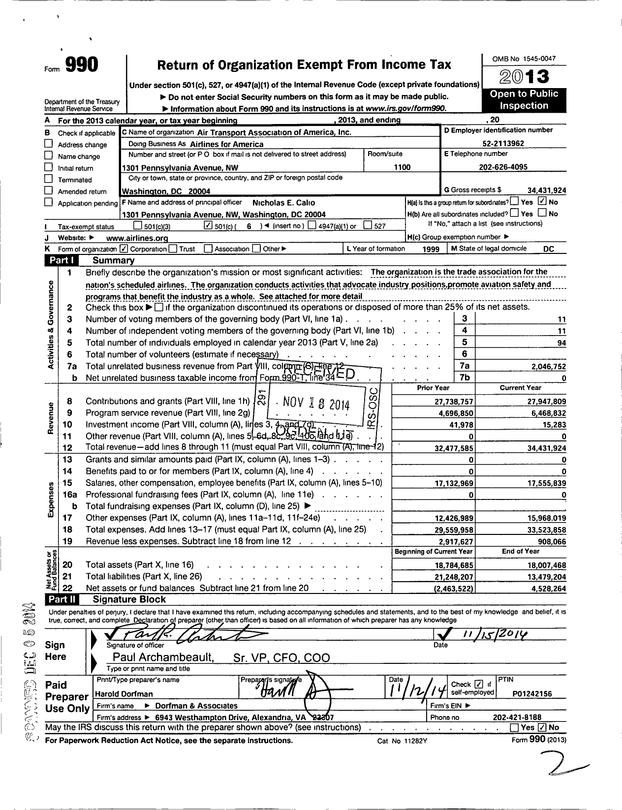 Image of first page of 2013 Form 990O for Airlines for America (A4A)