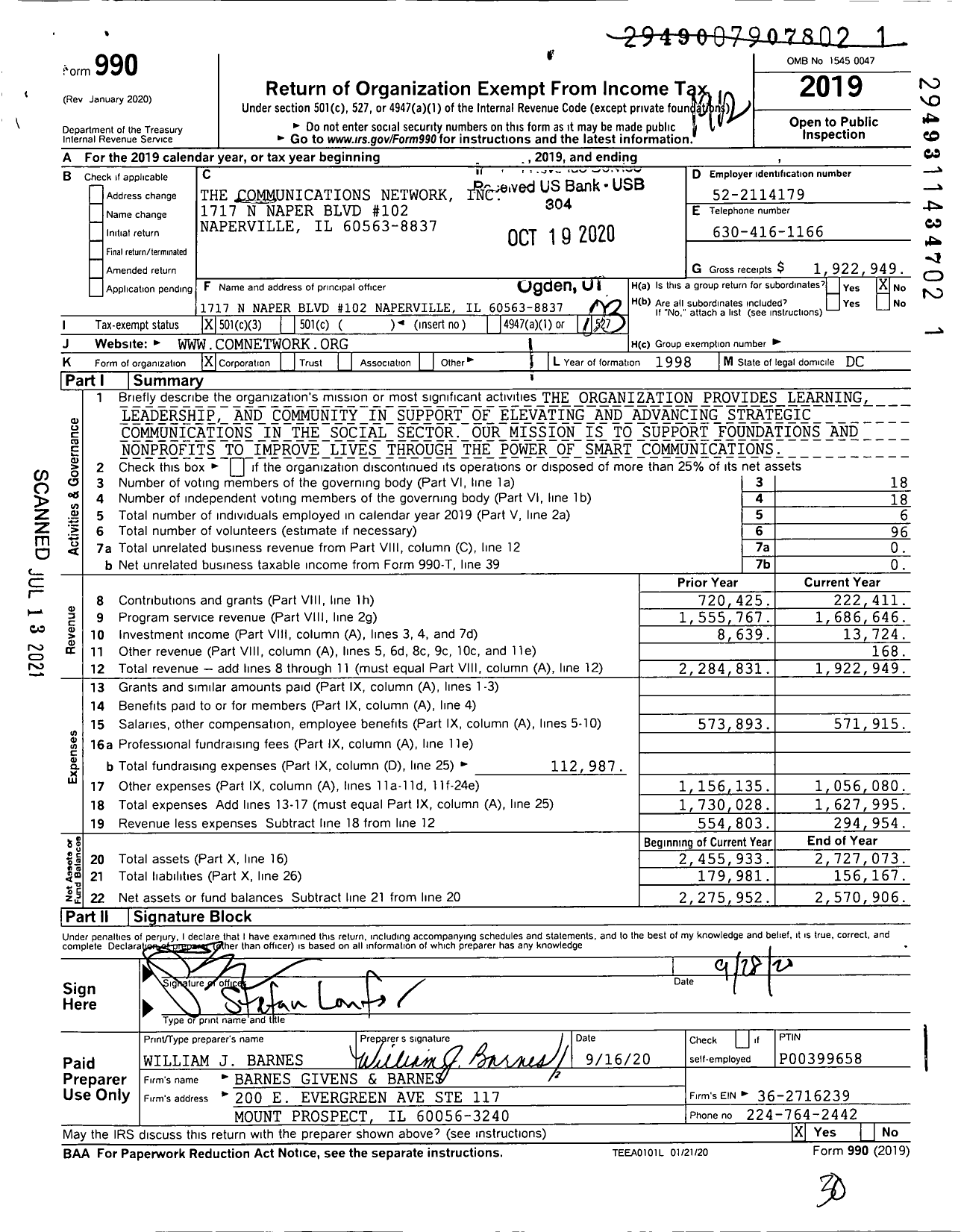 Image of first page of 2019 Form 990 for The Communications Network