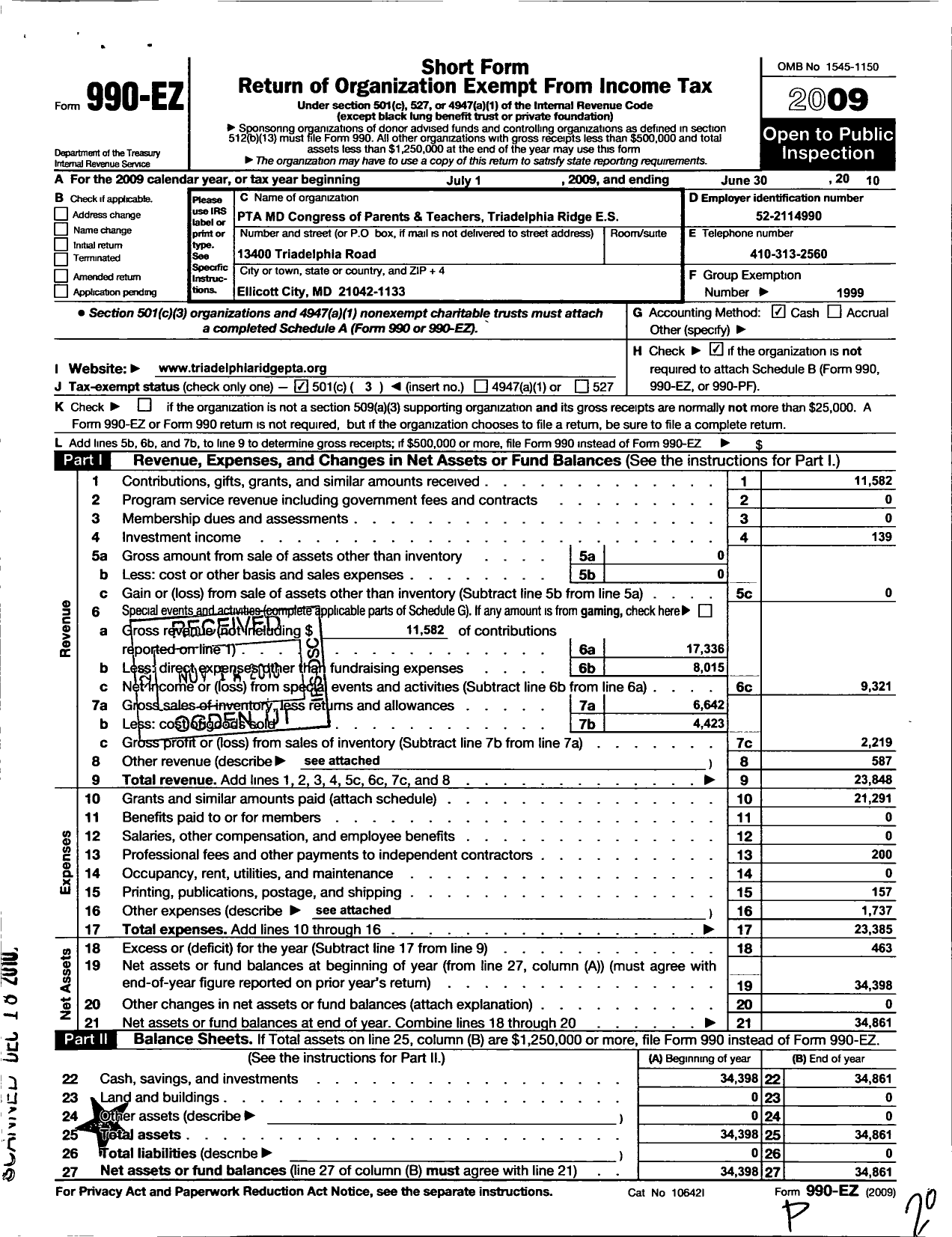 Image of first page of 2009 Form 990EZ for PTA Delaware Congress / Triadelphia Ridge Elementary School