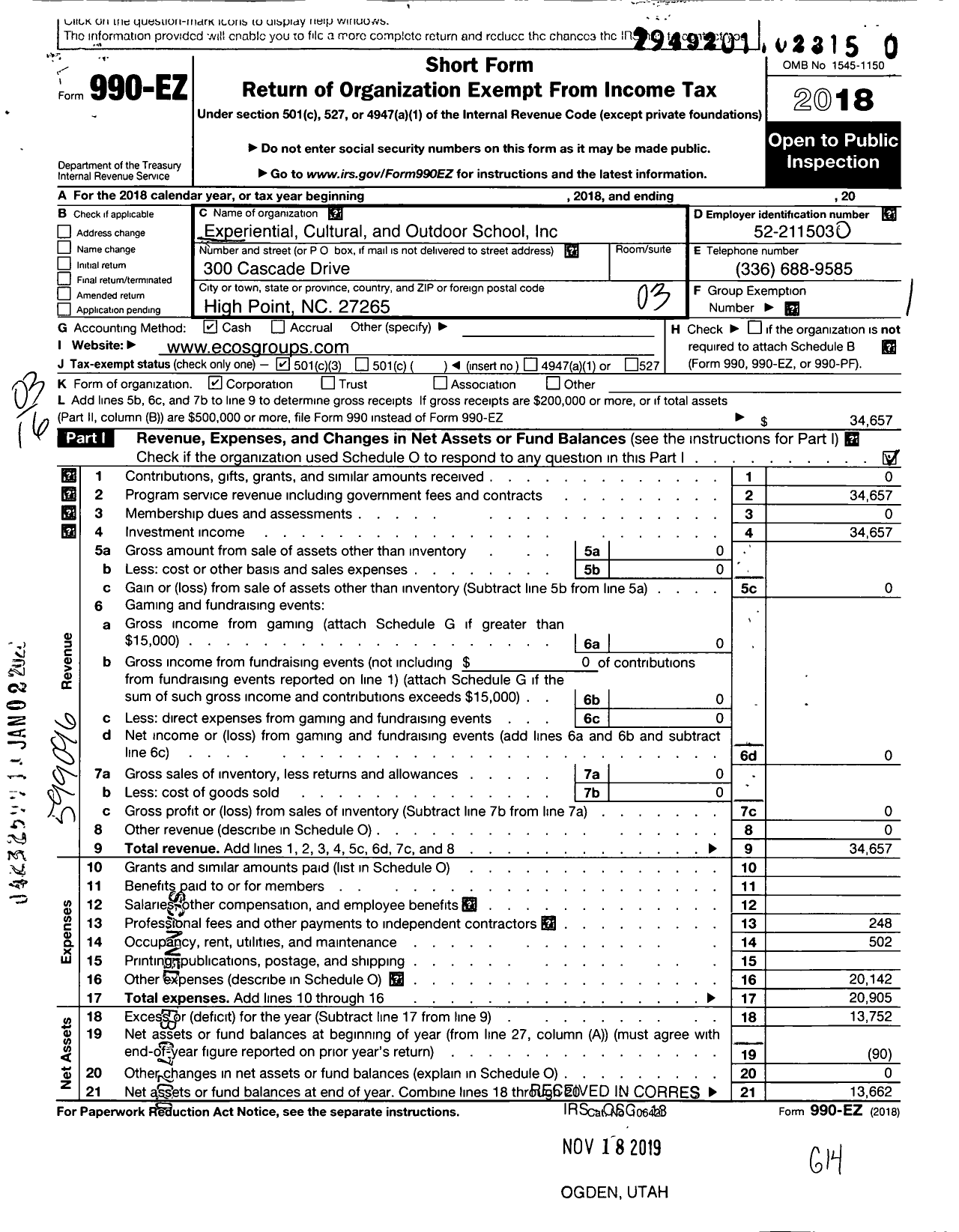 Image of first page of 2018 Form 990EZ for Experiential Cultural and Outdoor School