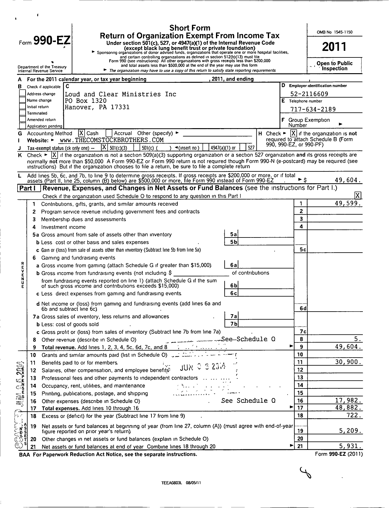 Image of first page of 2011 Form 990EZ for Loud and Clear Ministries Inc TA Todd Comstock Ministries