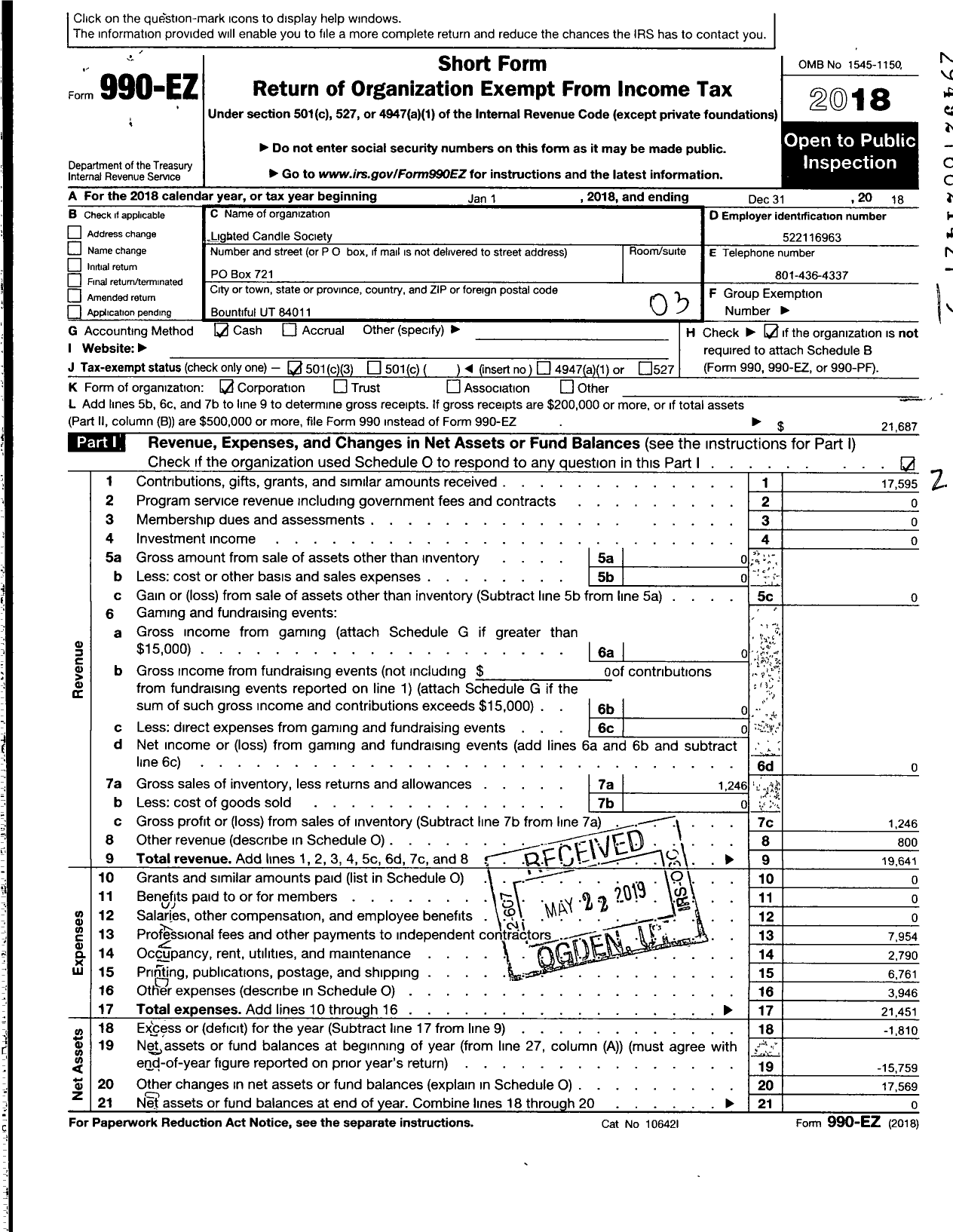 Image of first page of 2018 Form 990EZ for The Lighted Candle Society