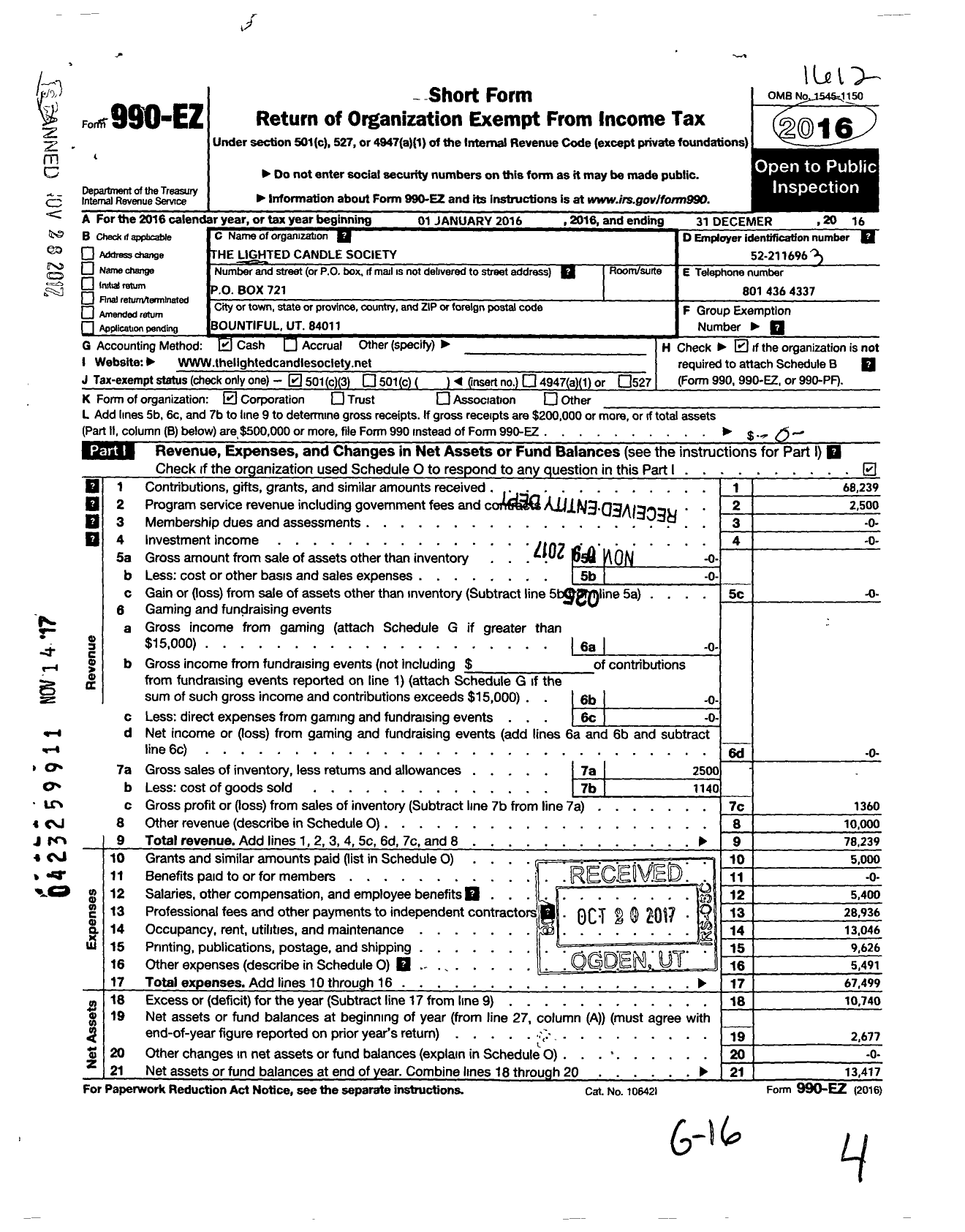 Image of first page of 2016 Form 990EZ for The Lighted Candle Society