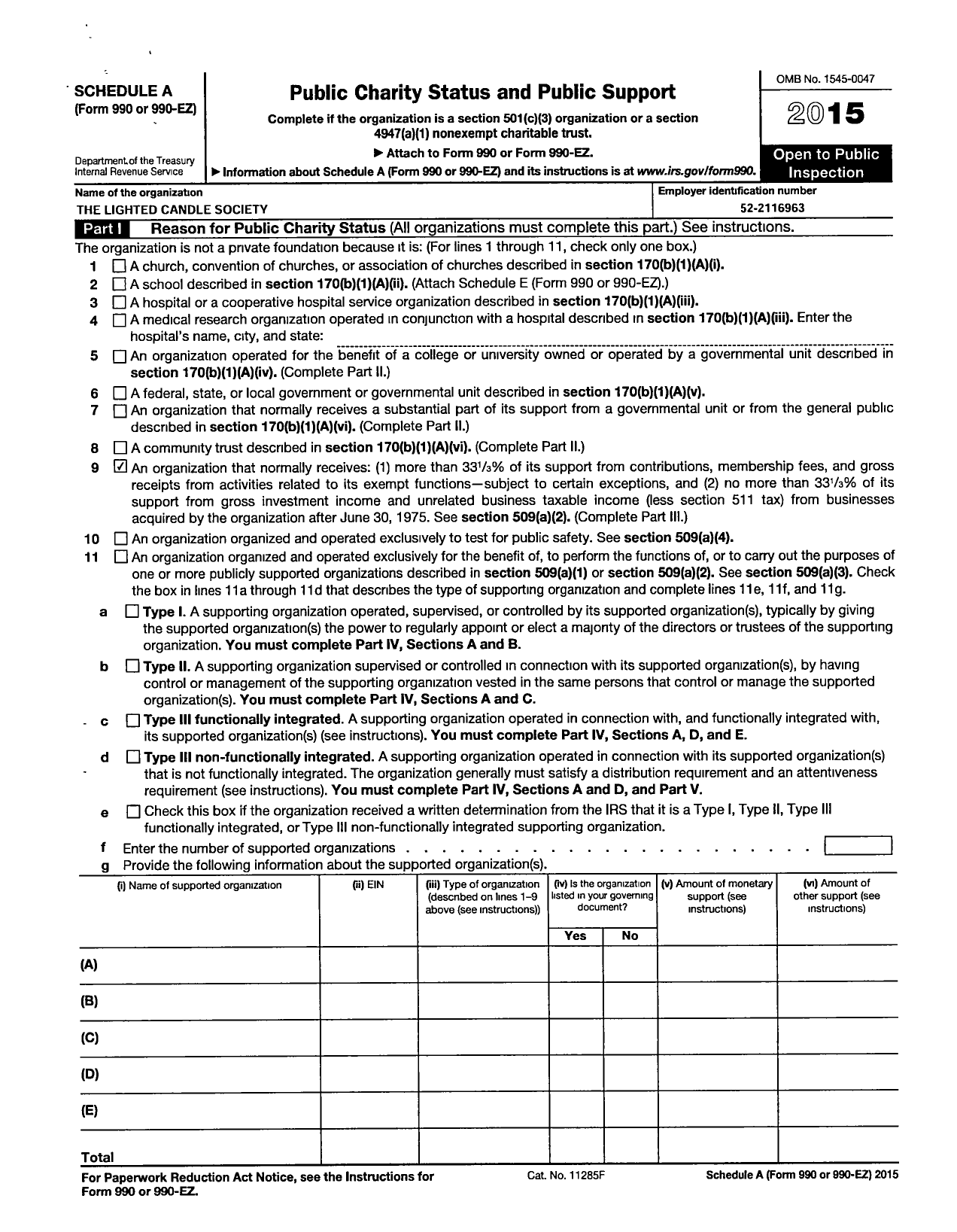 Image of first page of 2015 Form 990R for The Lighted Candle Society