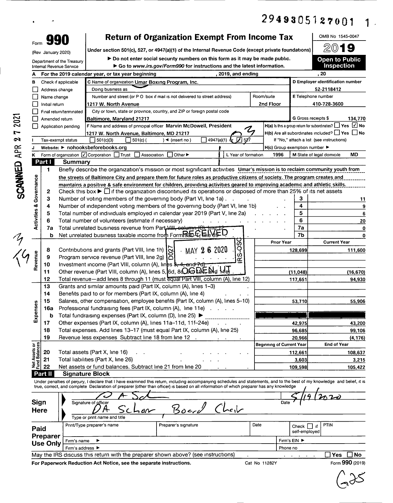 Image of first page of 2019 Form 990 for Umar Boxing Program