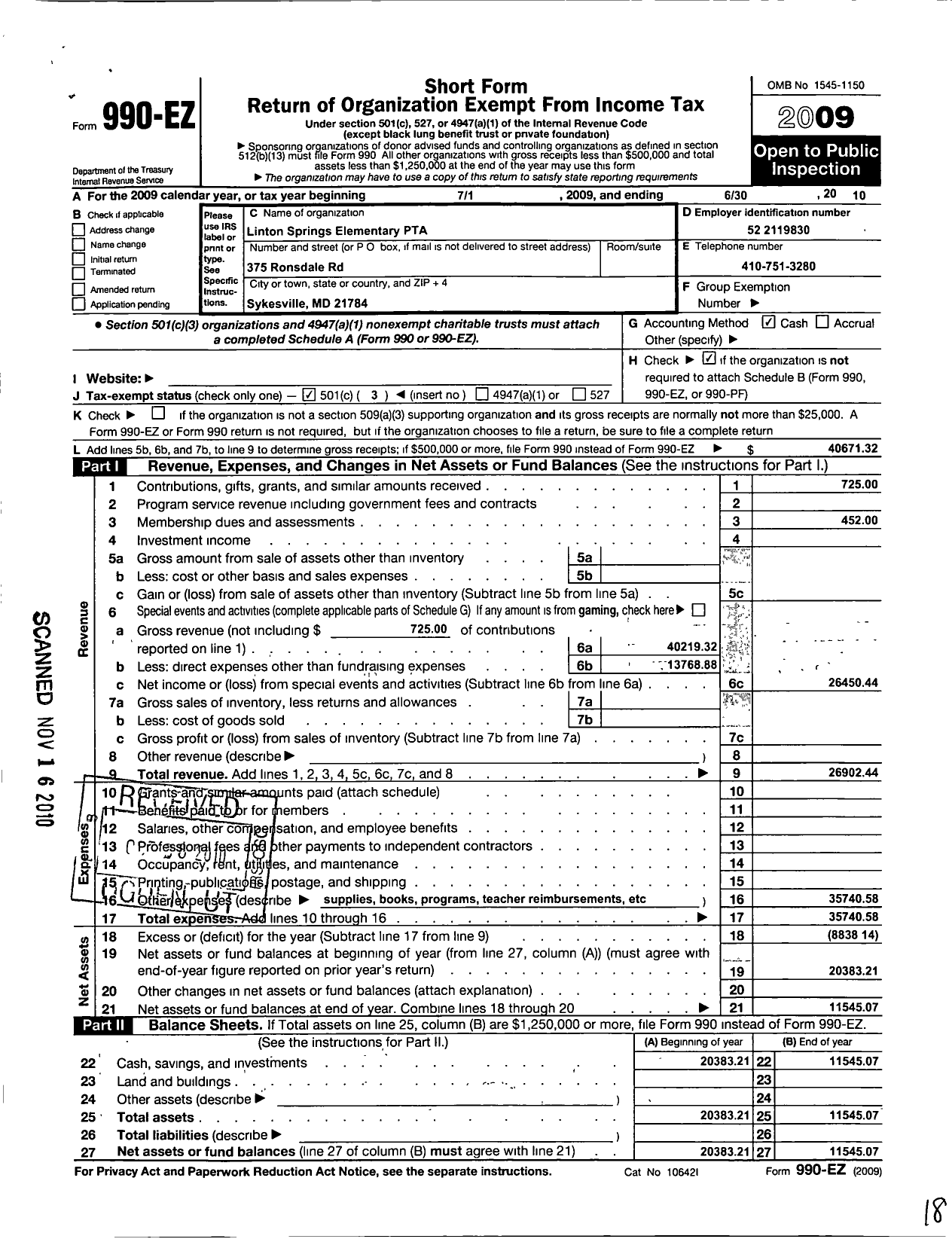 Image of first page of 2009 Form 990EZ for PTA Maryland Congress of Parents and Teachers / Linton Springs Elem PTA