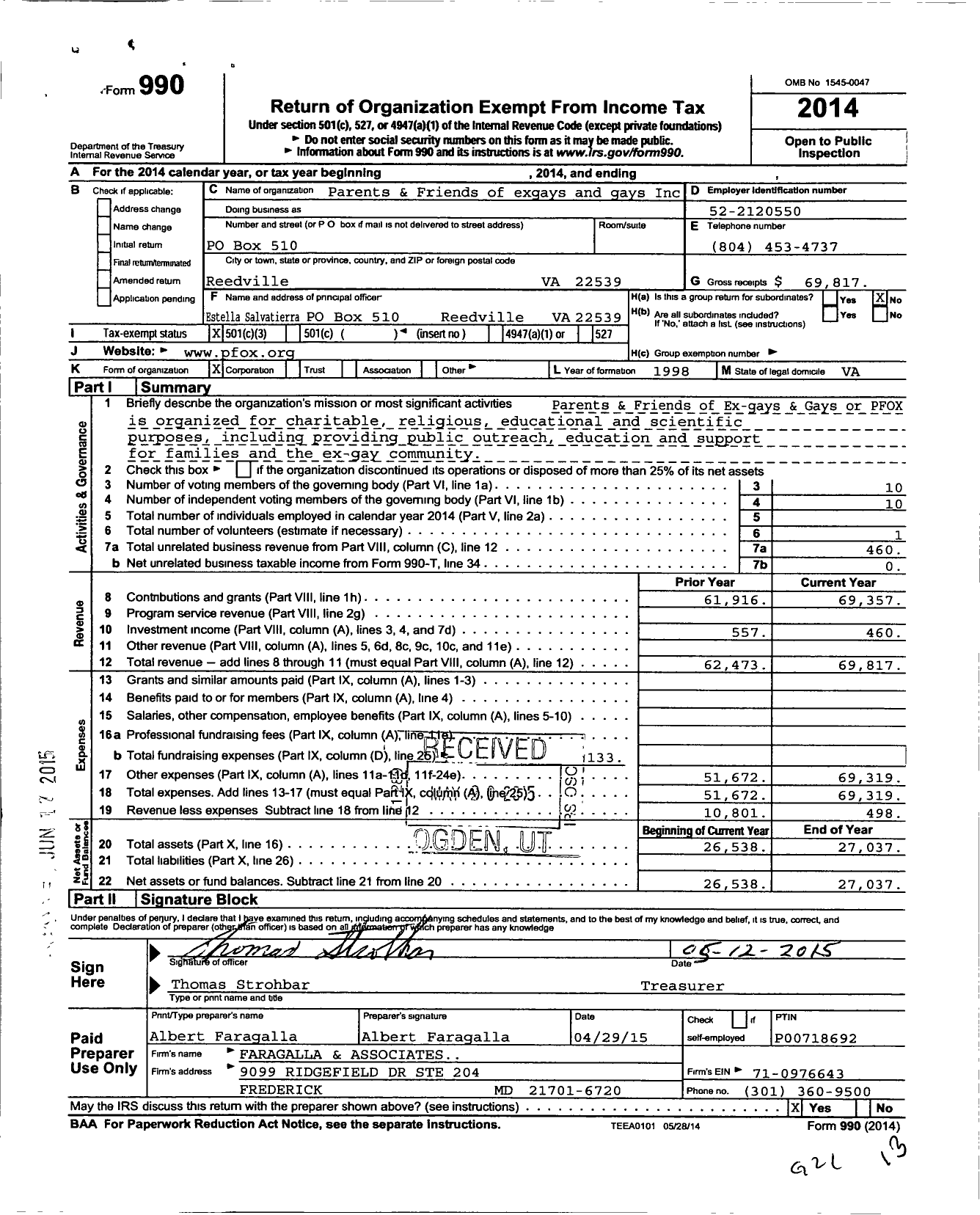 Image of first page of 2014 Form 990 for Parents and Friends of exgays and gays