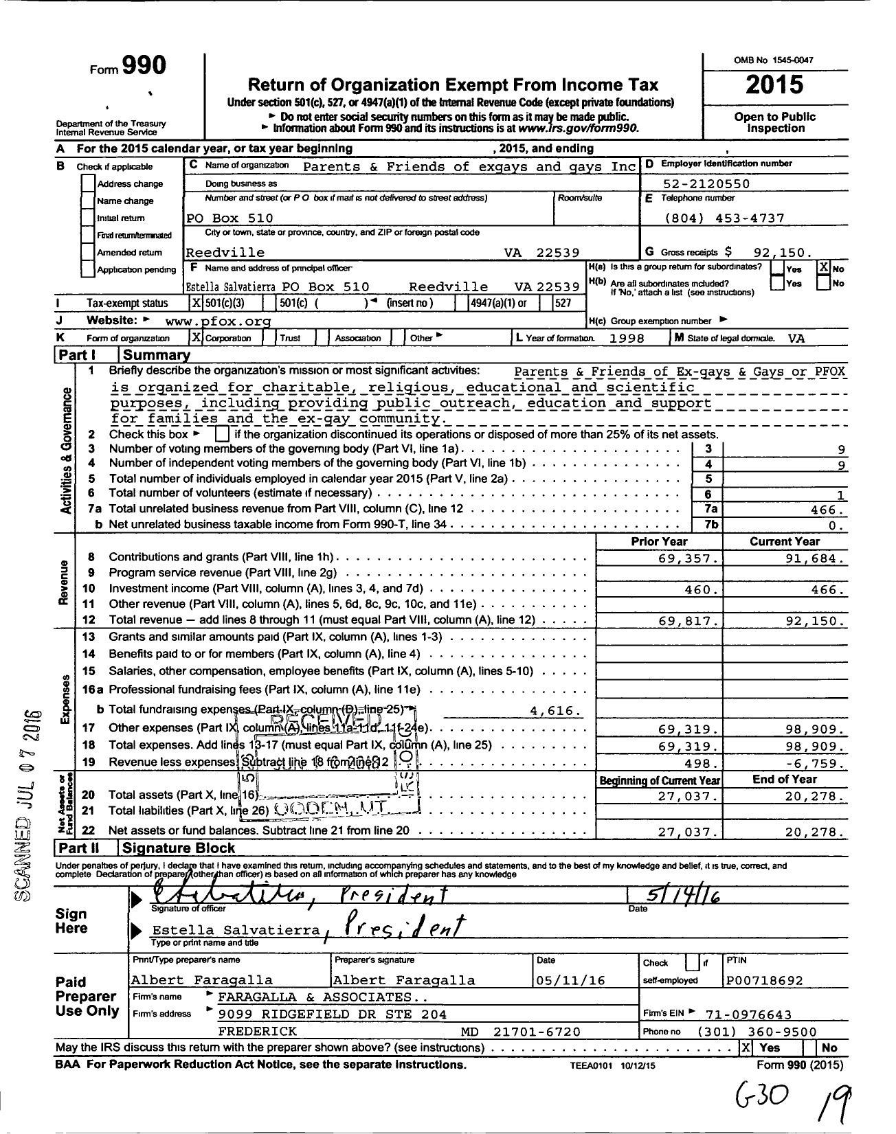 Image of first page of 2015 Form 990 for Parents and Friends of exgays and gays