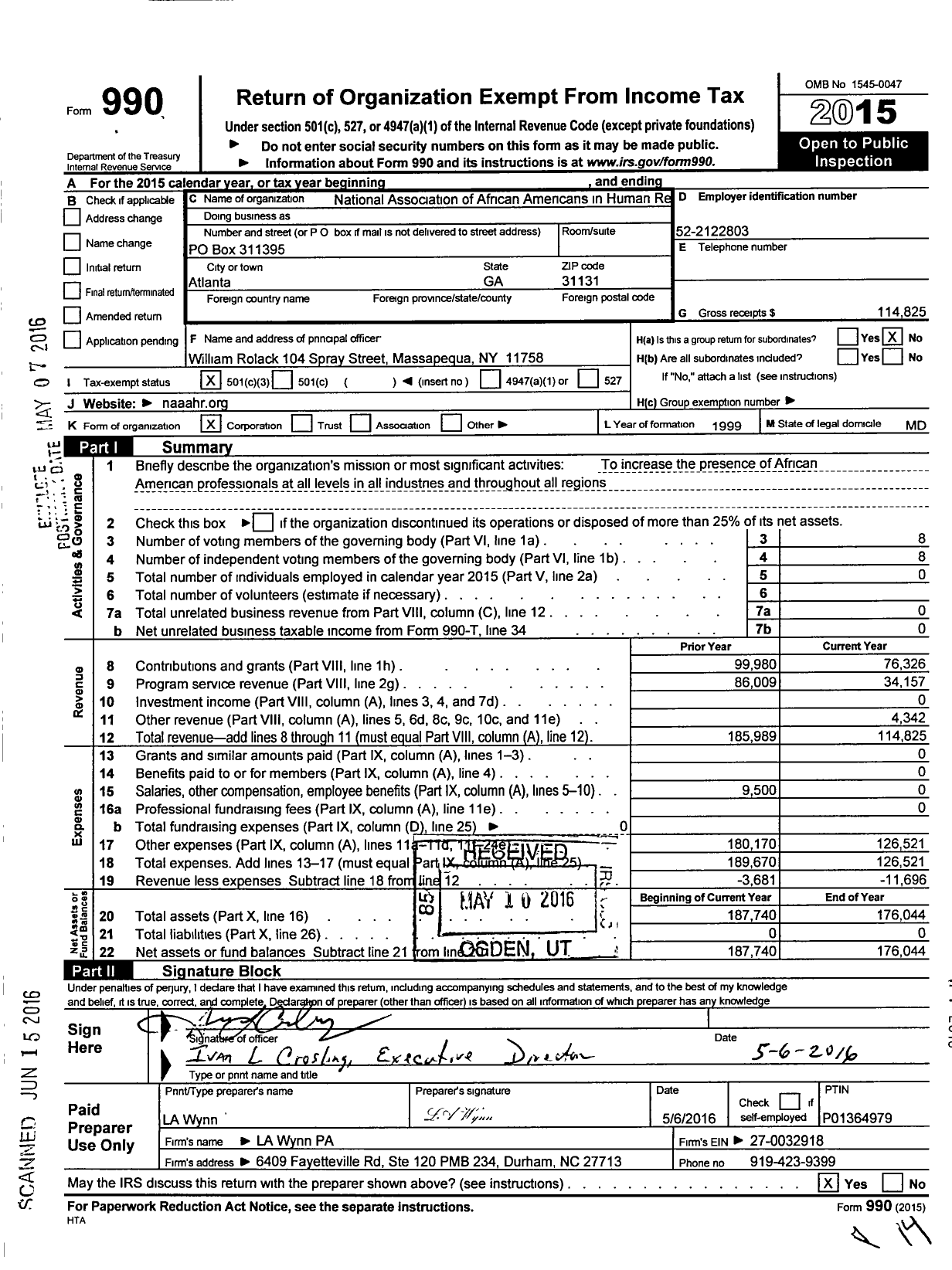 Image of first page of 2015 Form 990 for National Association of African Americans in Human Resources / Naaahr