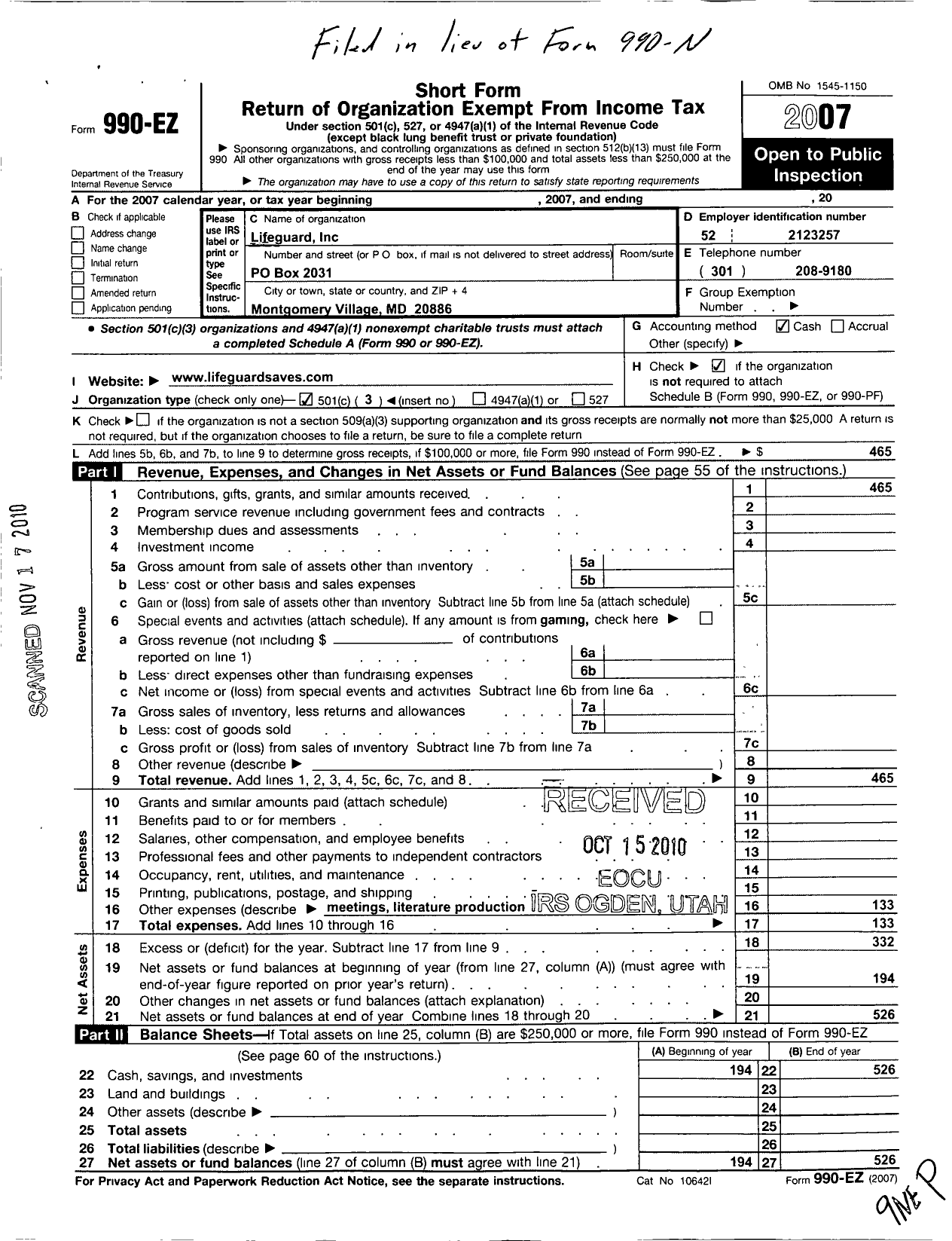 Image of first page of 2007 Form 990EZ for Lifeguard