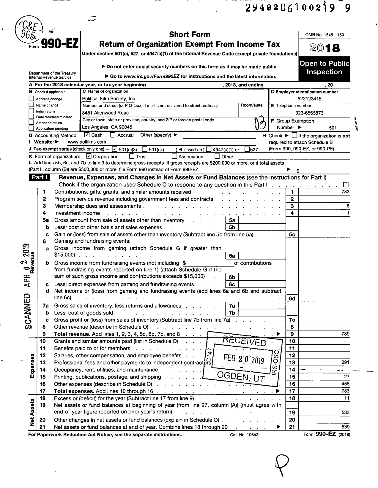 Image of first page of 2018 Form 990EZ for Political Film Society