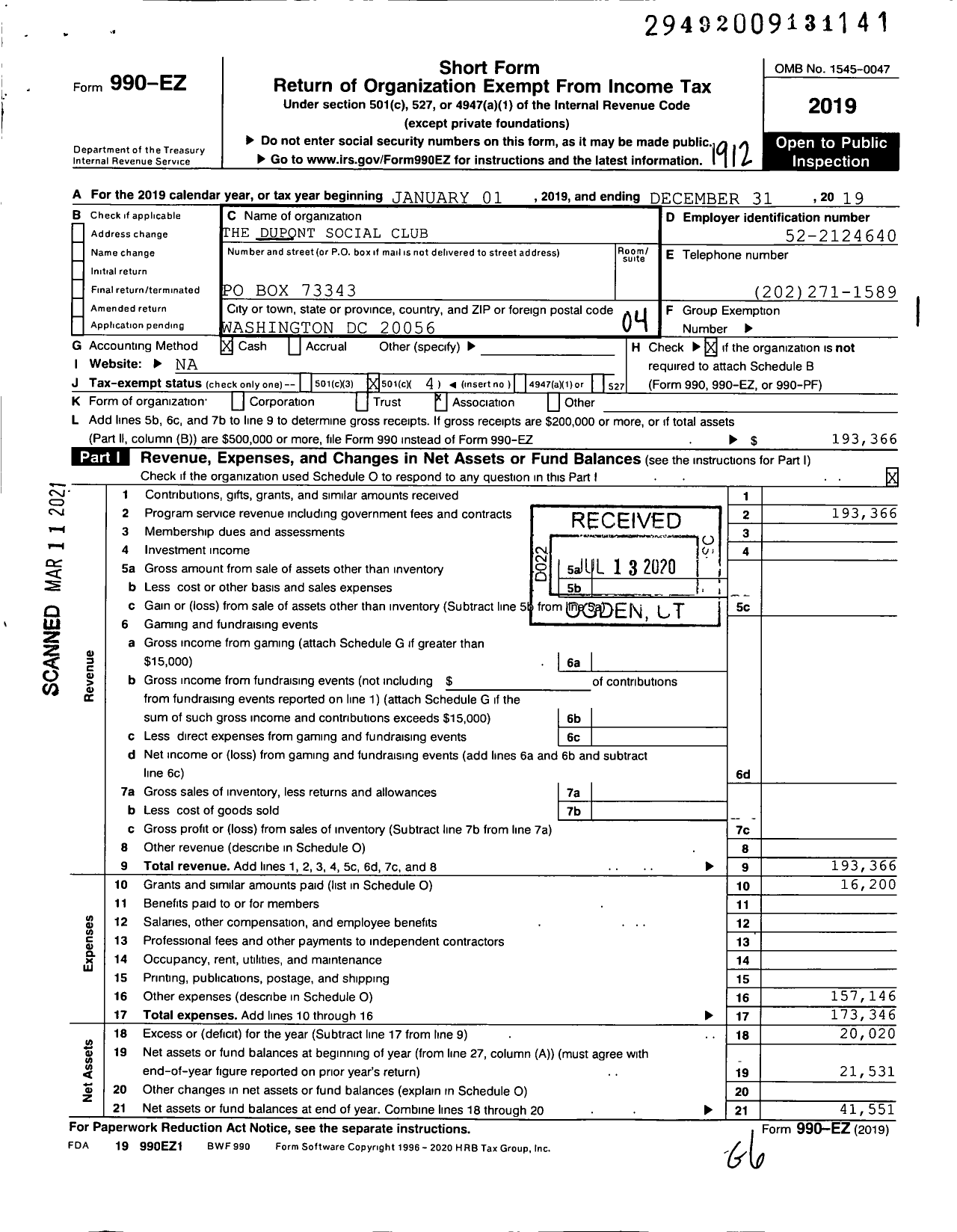 Image of first page of 2019 Form 990EO for The Dupont Social Club