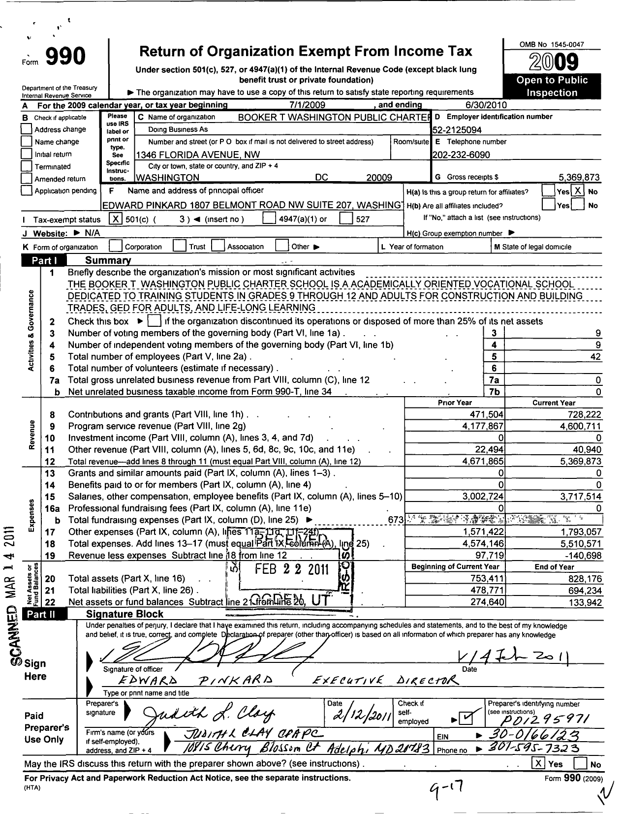 Image of first page of 2009 Form 990 for Booker T. Washington Public Charter School