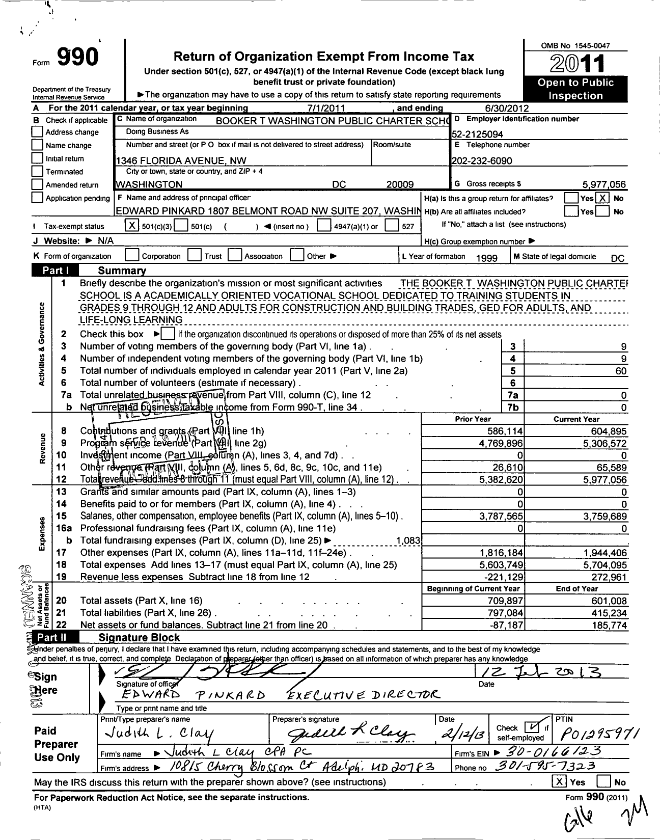 Image of first page of 2011 Form 990 for Booker T. Washington Public Charter School