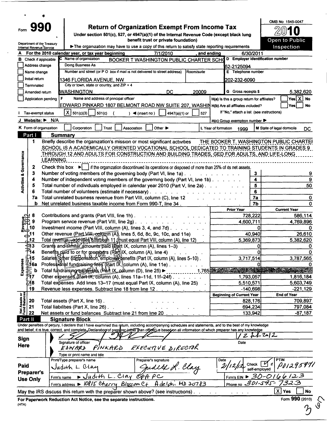 Image of first page of 2010 Form 990 for Booker T. Washington Public Charter School
