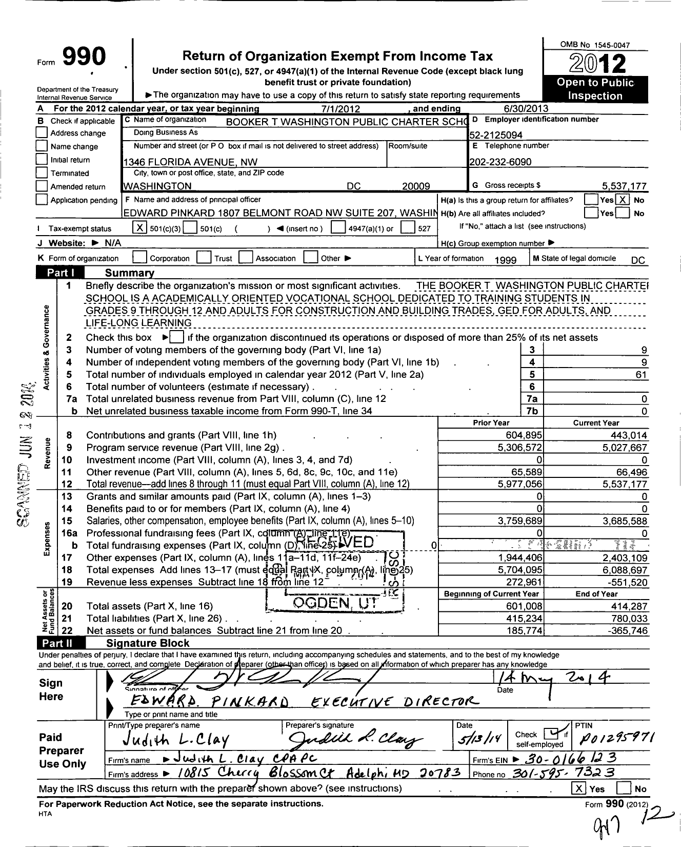 Image of first page of 2012 Form 990 for Booker T. Washington Public Charter School