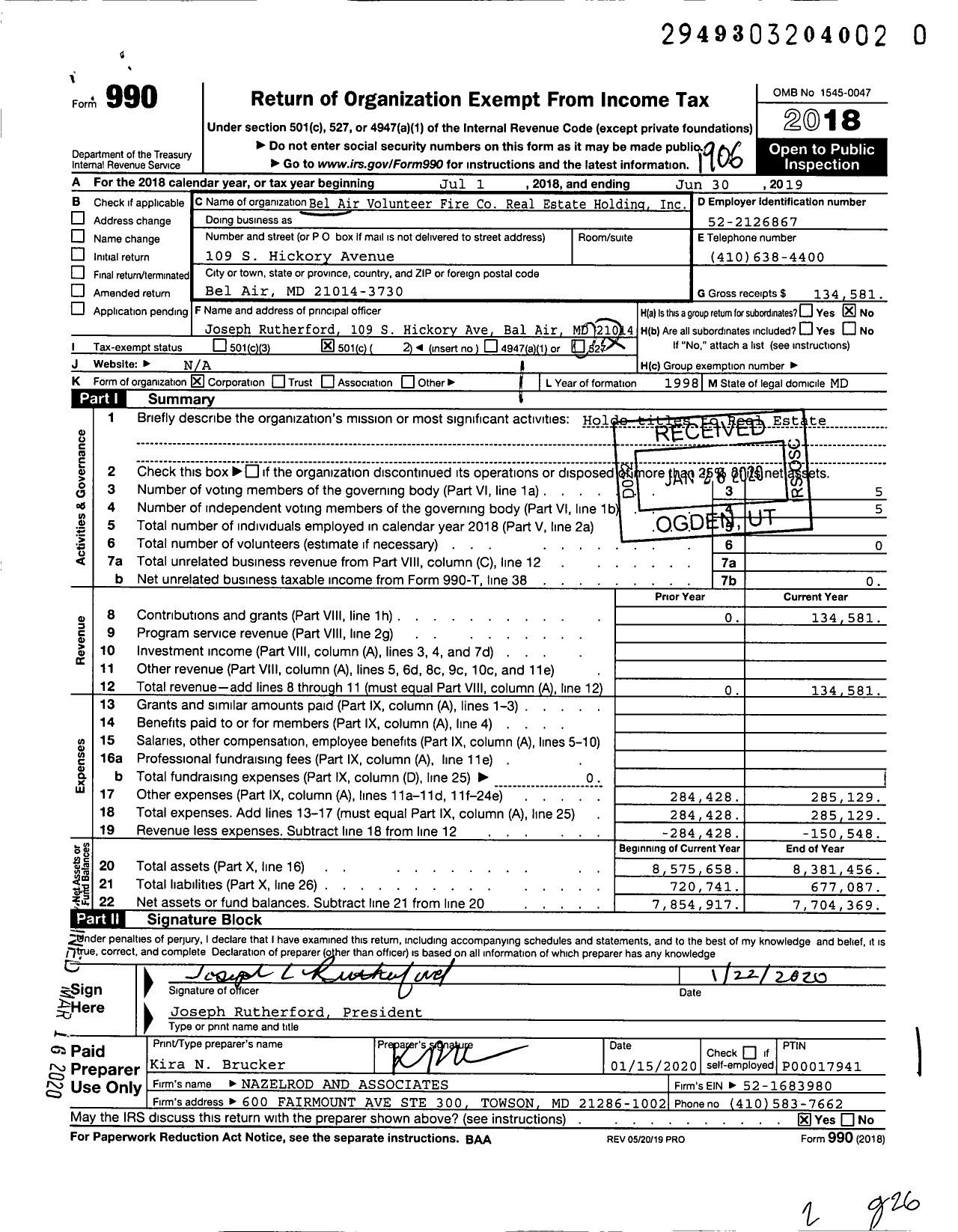 Image of first page of 2018 Form 990O for Bel Air Volunteer Fire Real Estate Holding