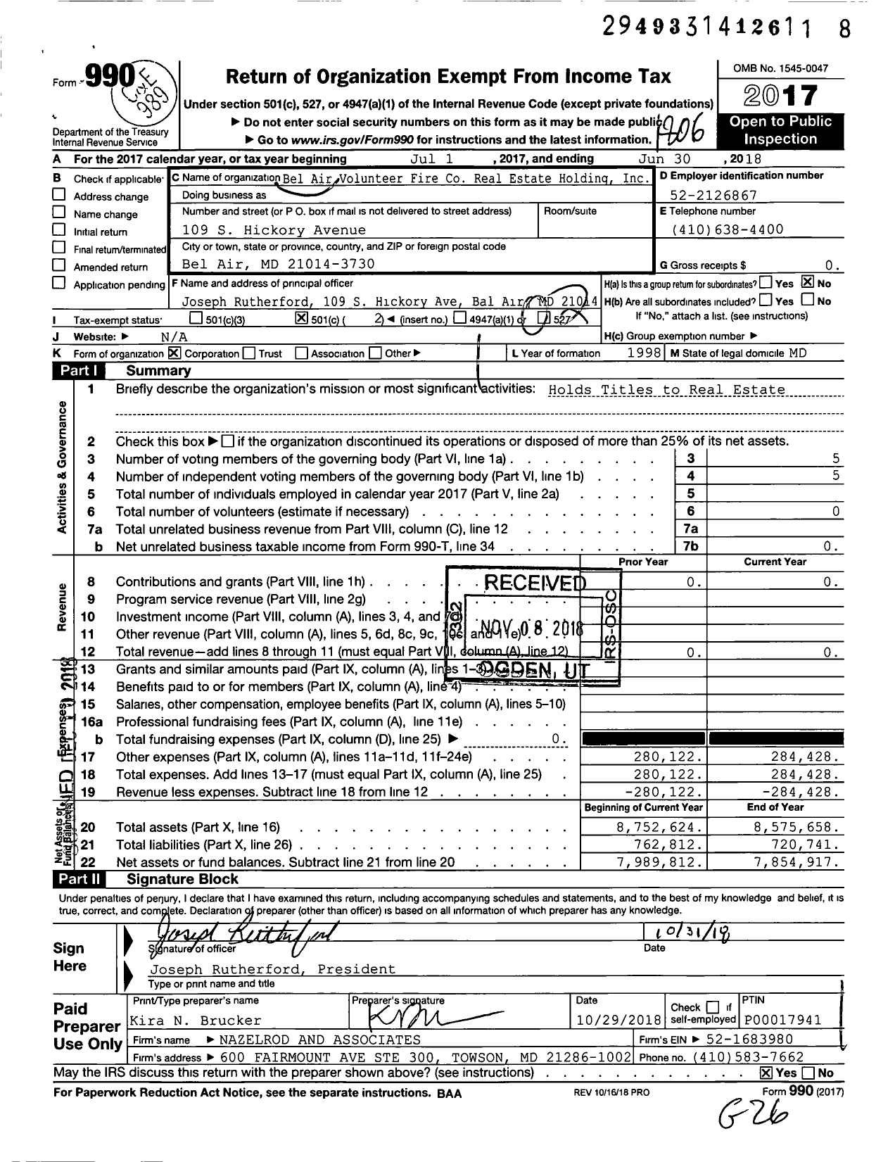 Image of first page of 2017 Form 990O for Bel Air Volunteer Fire Real Estate Holding