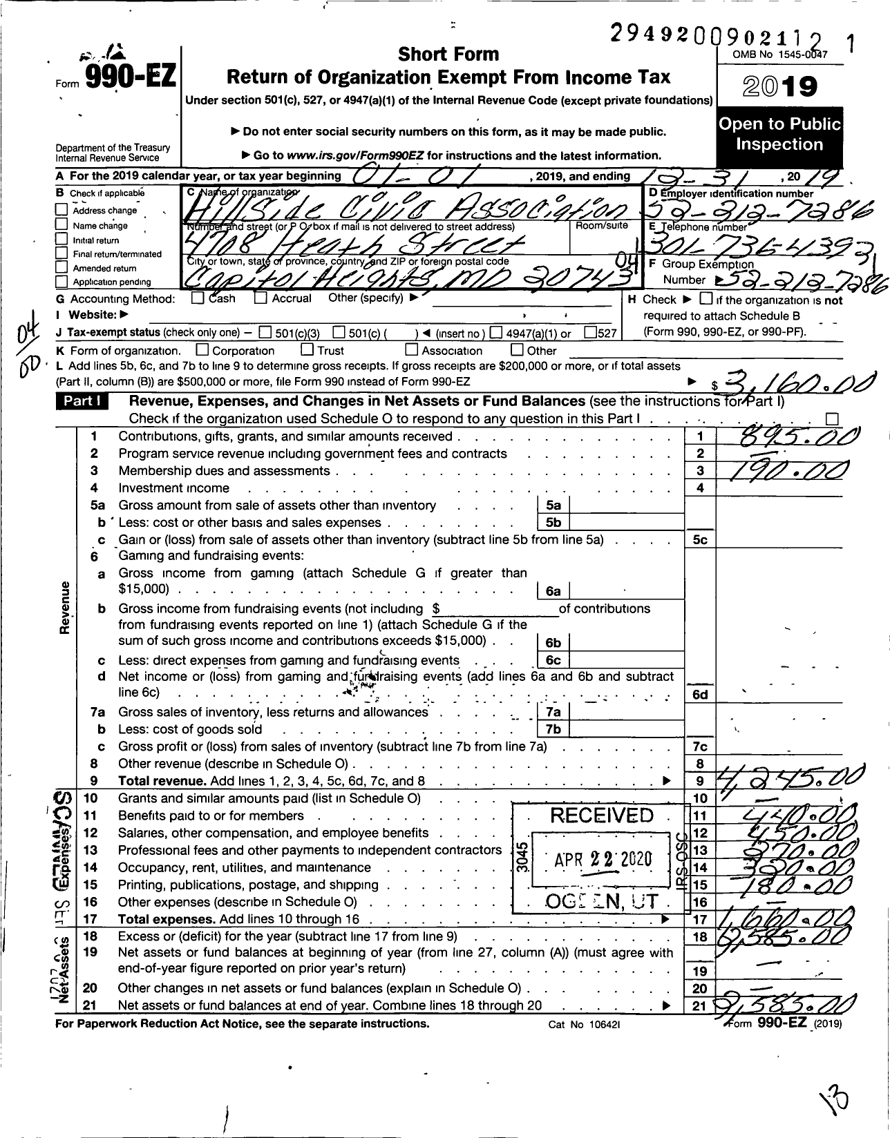 Image of first page of 2019 Form 990EO for Hillside Civic Association of Greater Capitol Heights MD