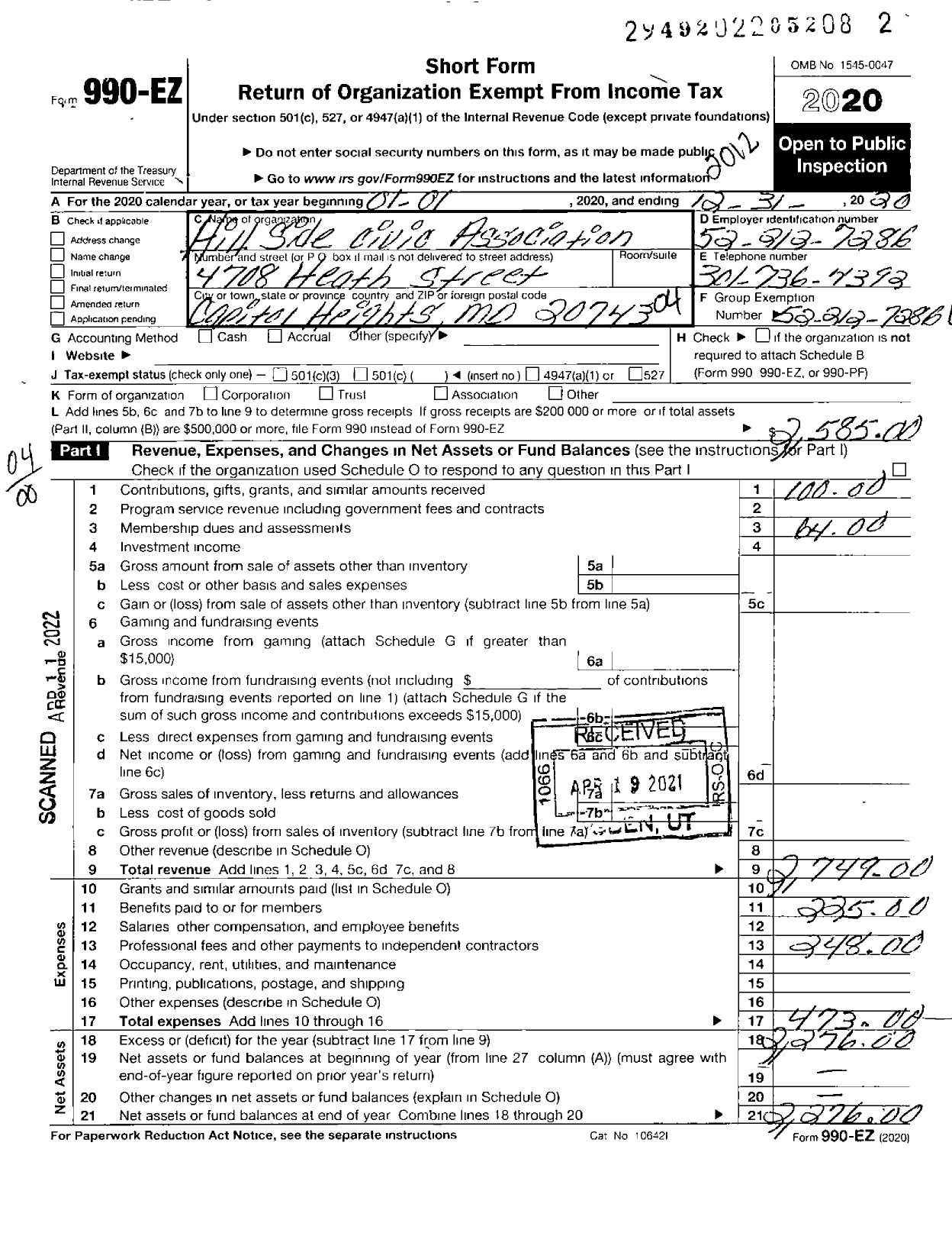 Image of first page of 2020 Form 990EO for Hillside Civic Association of Greater Capitol Heights MD