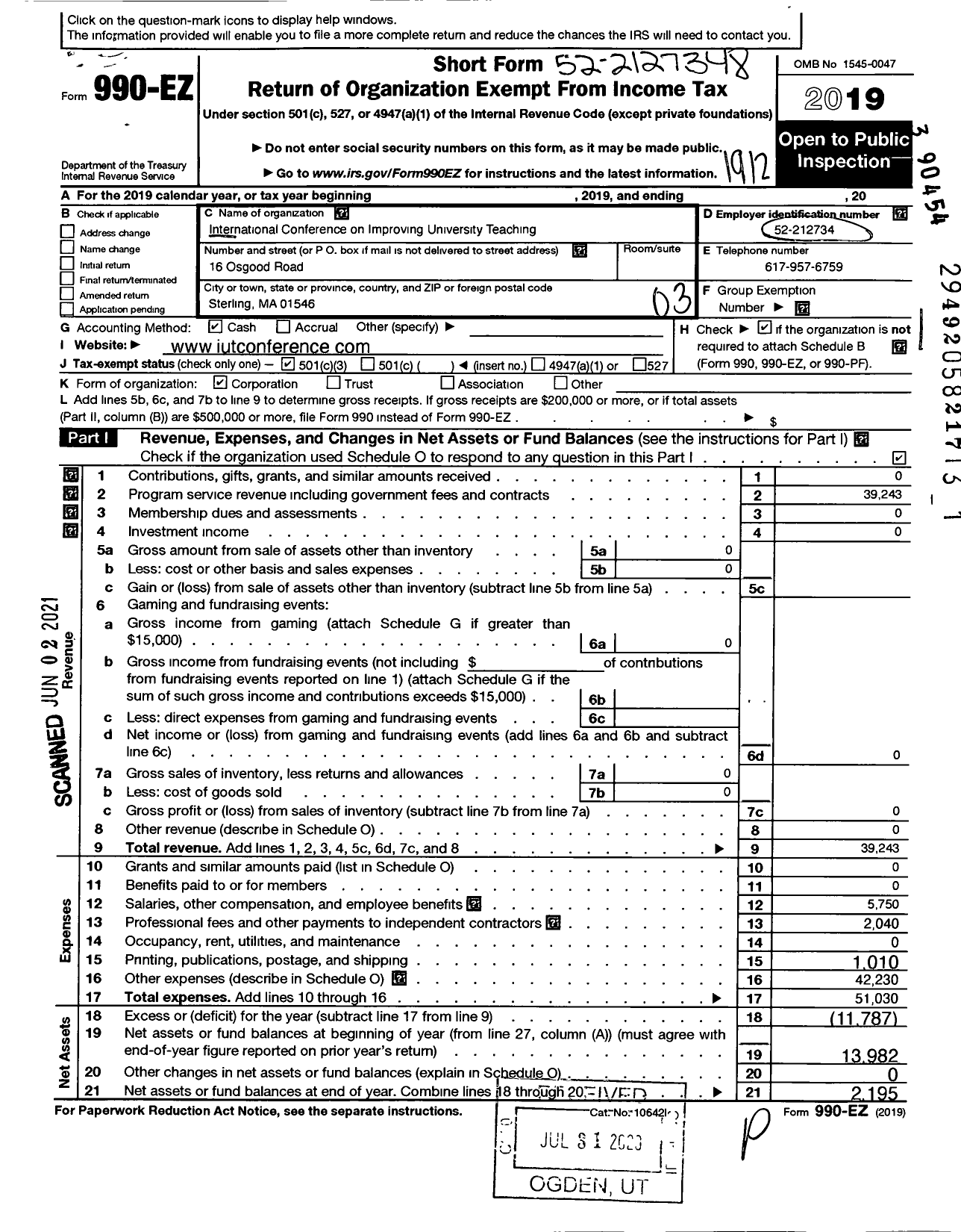 Image of first page of 2019 Form 990EZ for International Conference on Improving University Teaching