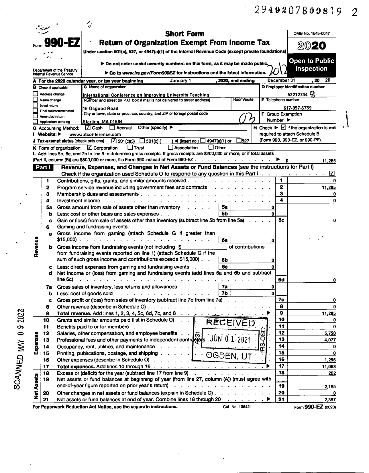 Image of first page of 2020 Form 990EZ for International Conference on Improving University Teaching