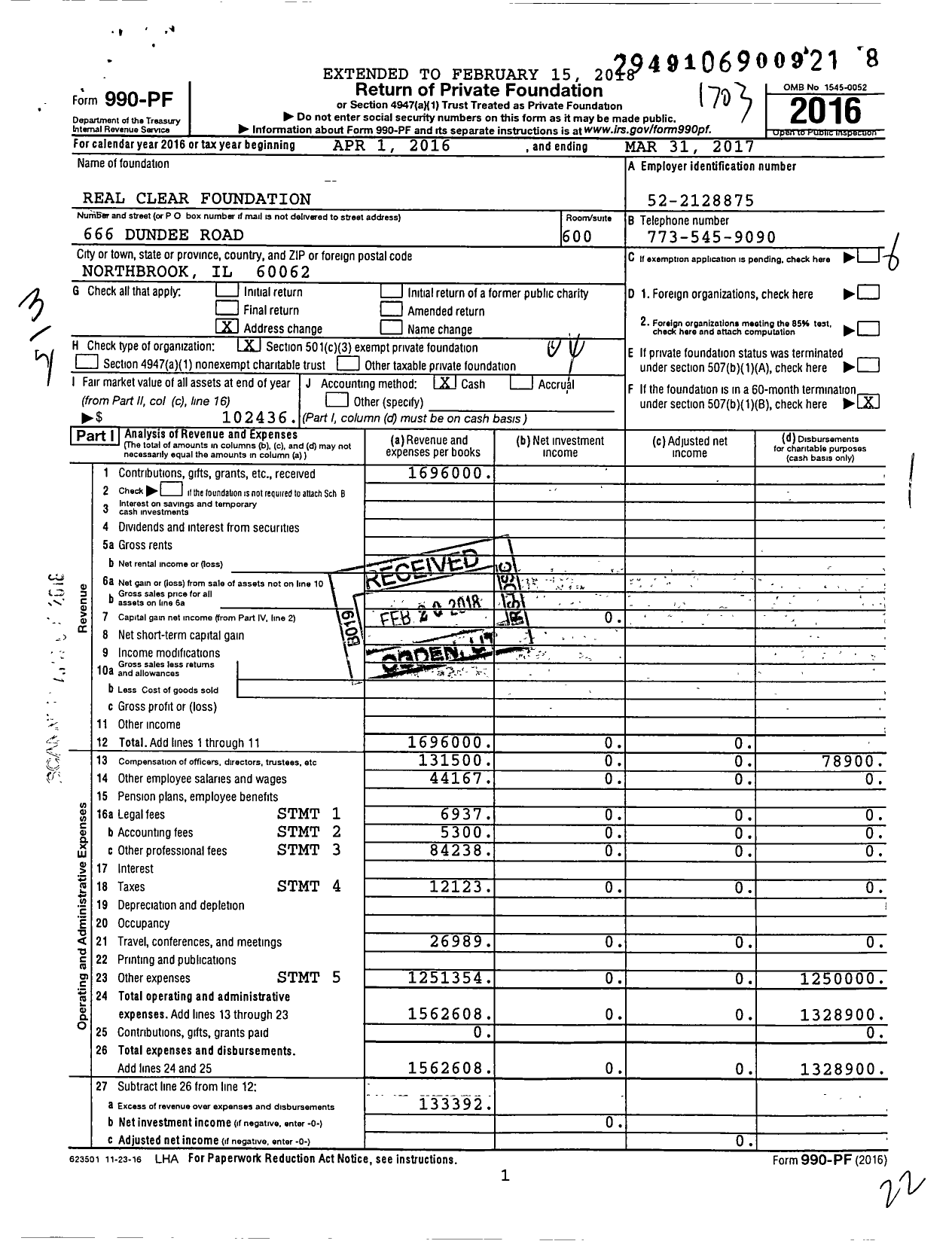 Image of first page of 2016 Form 990PF for Real Clear Foundation