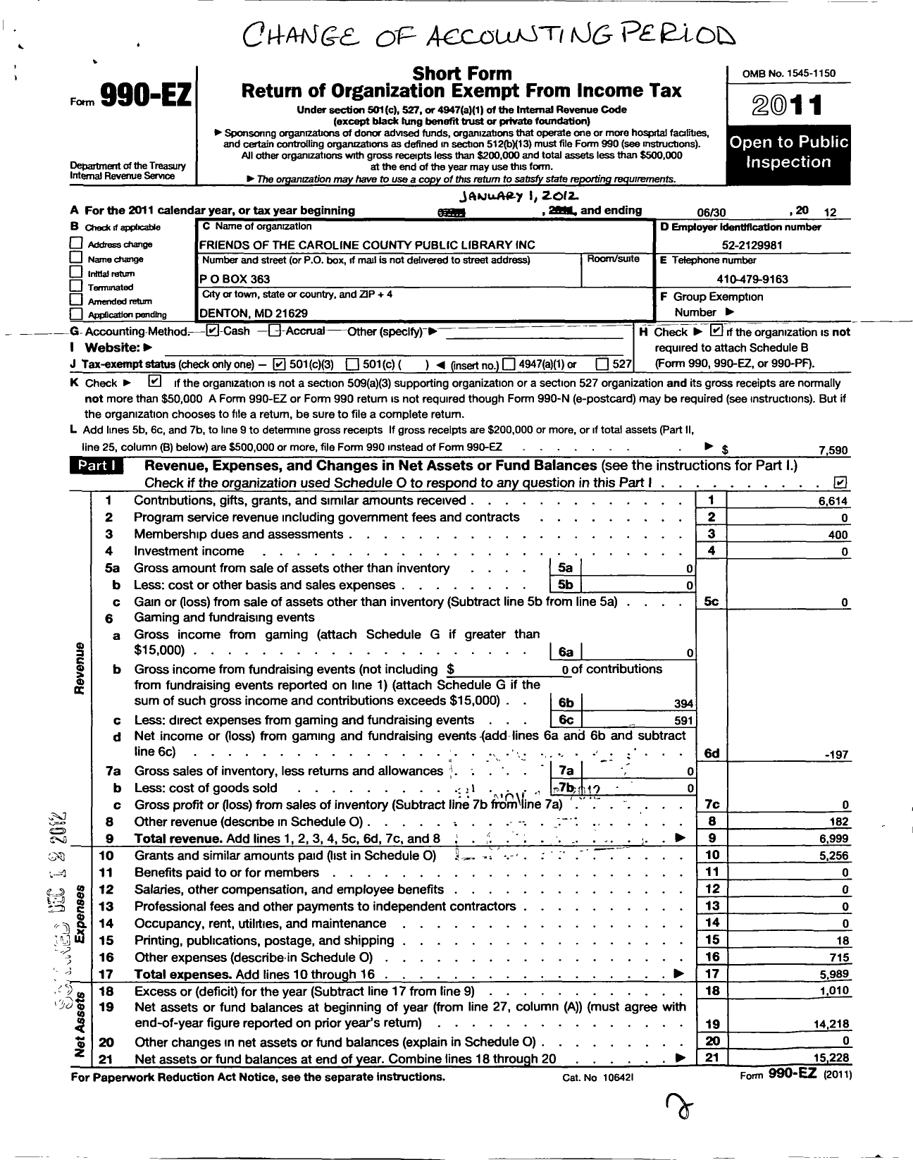 Image of first page of 2011 Form 990EZ for Friends of the Caroline County Public Library