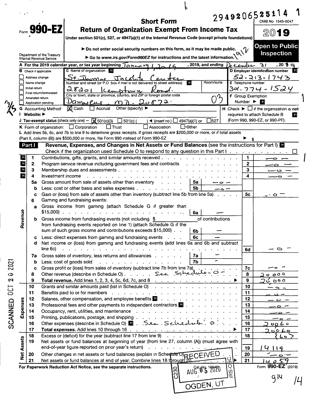 Image of first page of 2019 Form 990EZ for St Thomas Jacobite Center of Greater Washington