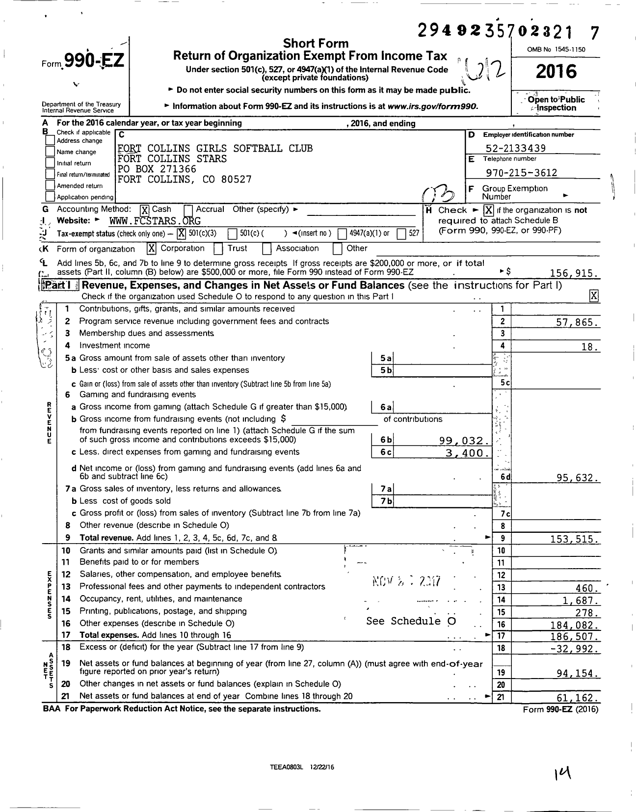 Image of first page of 2016 Form 990EZ for Fort Collins Girls Softball Club Fort Collins Stars