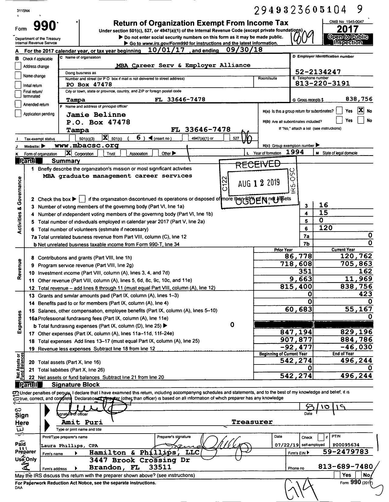 Image of first page of 2017 Form 990O for MBA Career Servicesc and Employer Alliance