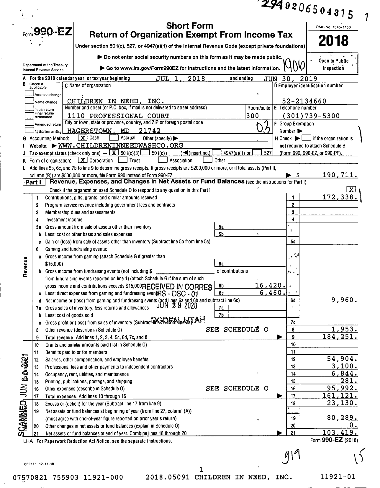 Image of first page of 2018 Form 990EZ for Children in Need