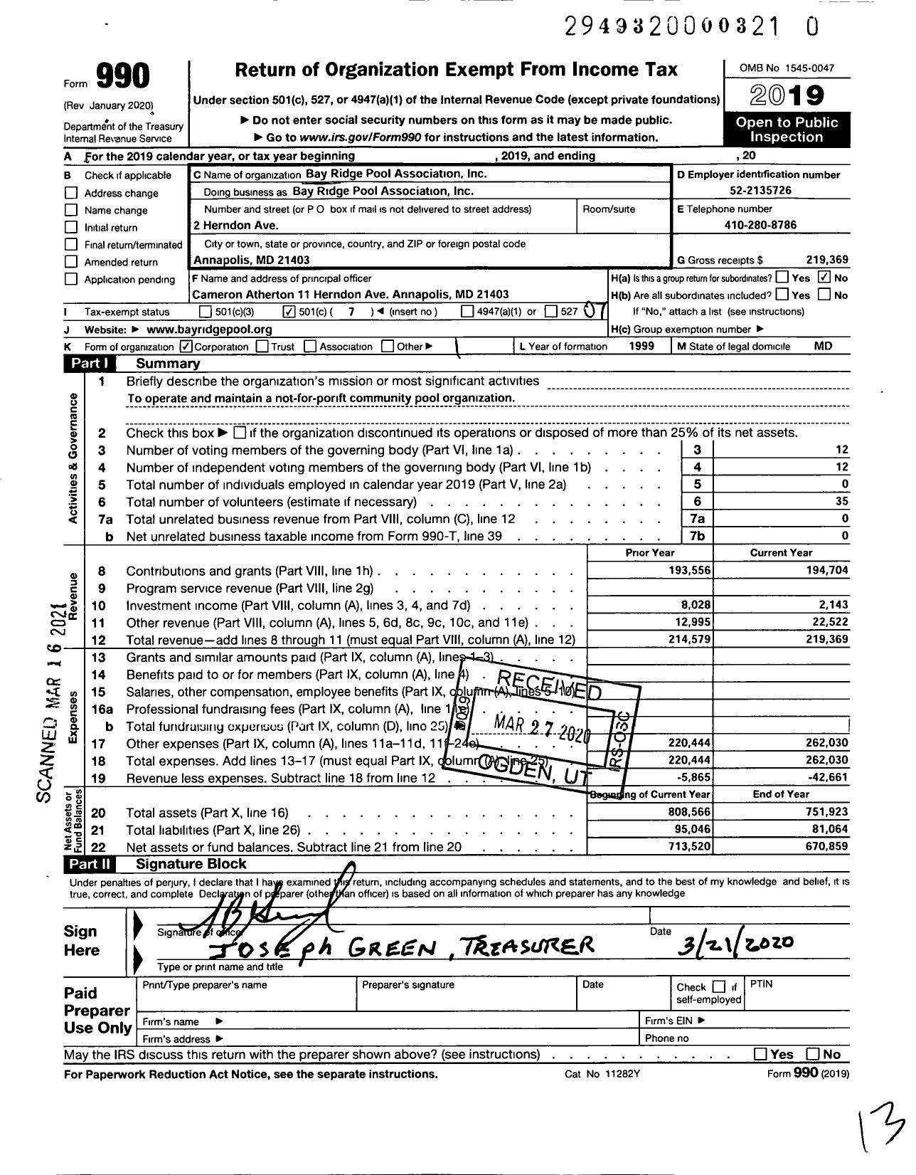 Image of first page of 2019 Form 990O for Bay Ridge Pool Association