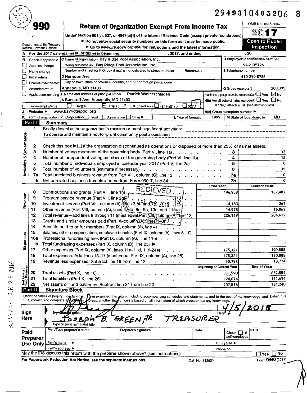 Image of first page of 2017 Form 990O for Bay Ridge Pool Association